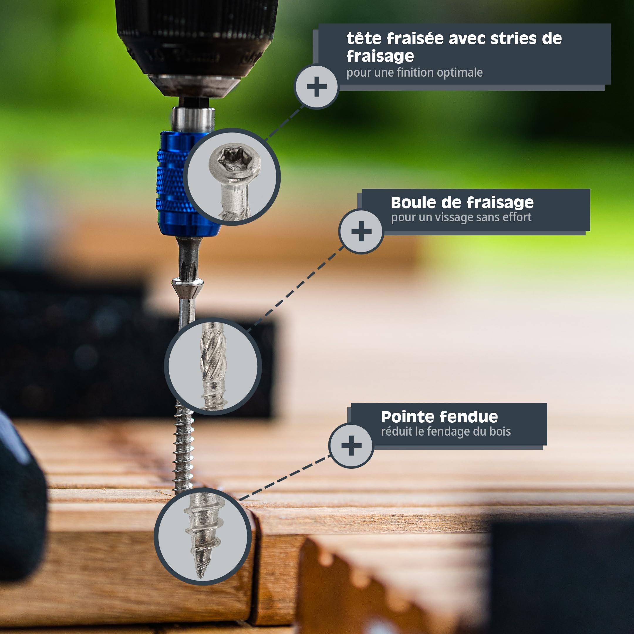 HELPMATE – Tornillos de terraza 5 x 70 acero inoxidable A2 – 1000 tornillos para tablones + puntas T25 – Tornillos para terrazas para exteriores (construcción de terrazas, casas de jardín, estructuras