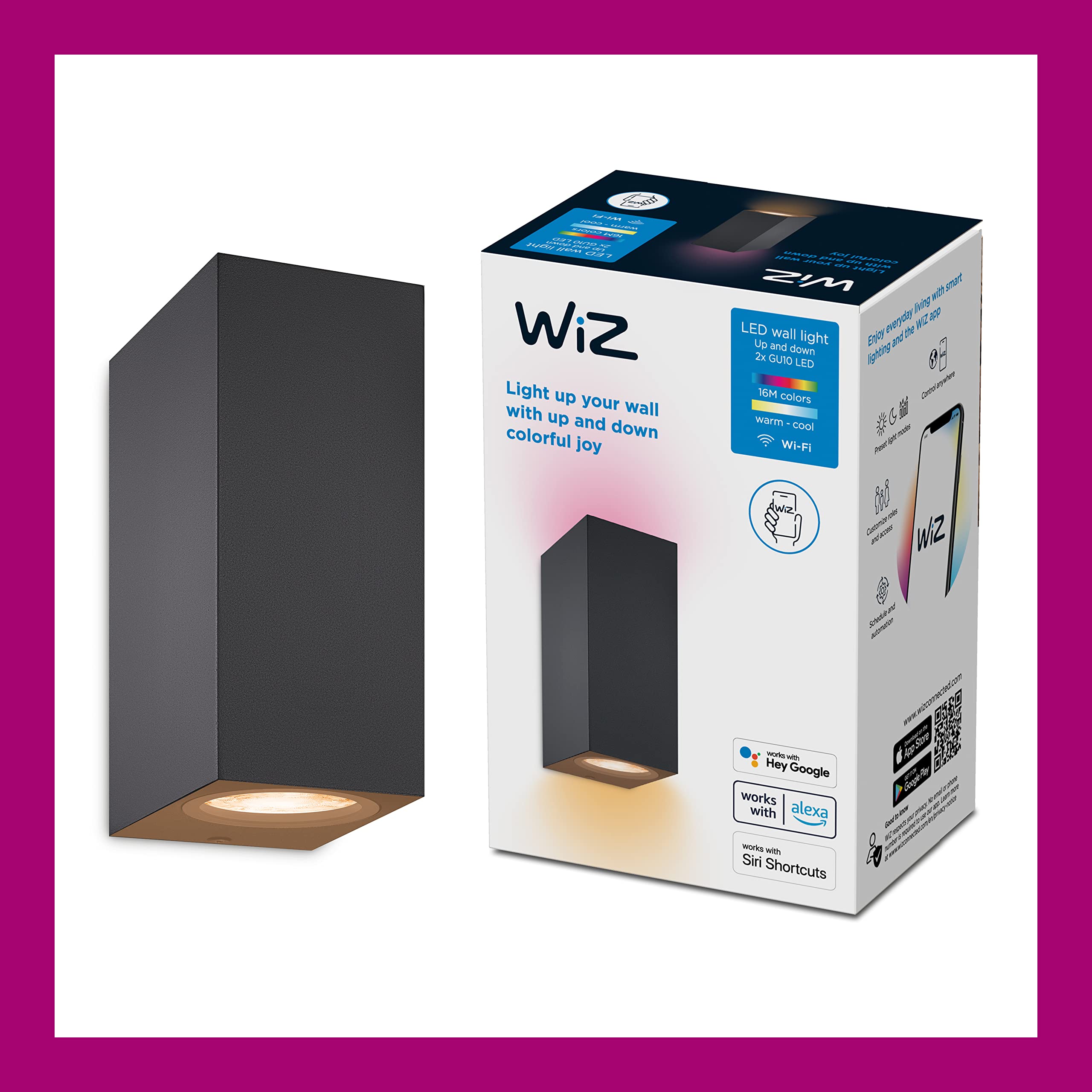 WiZ Up&Down Wandleuchte Tunable White & Color, dimmbar, 16 Mio. Farben, smarte Steuerung per App/Stimme über WLAN, schwarz