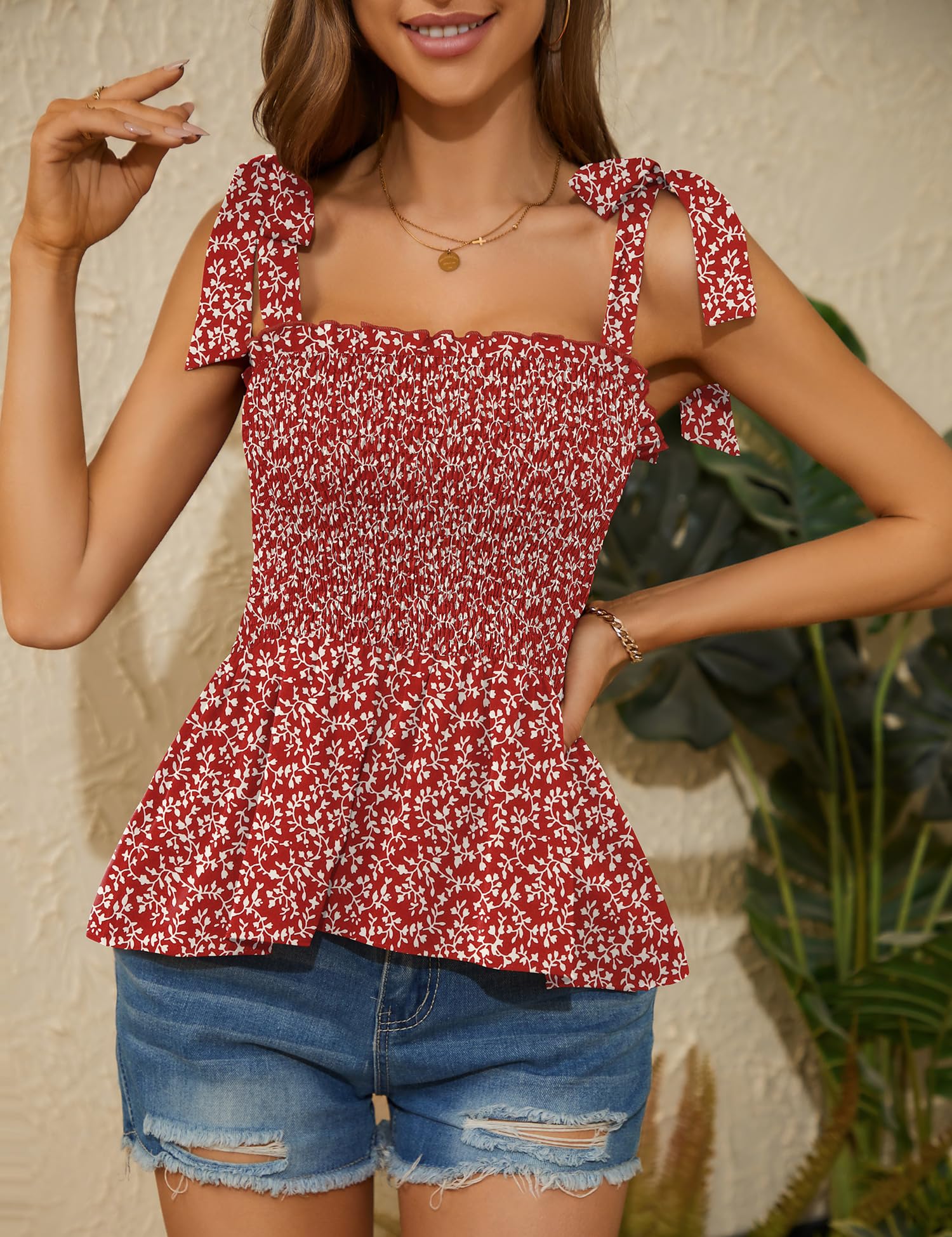 Micoson Camiseta sin mangas con volantes para mujer, cuello cuadrado, sin mangas, con lazo en los hombros, blusa de gasa estilo babydoll, color rosa, talla S, Rojo (Red Floral), M