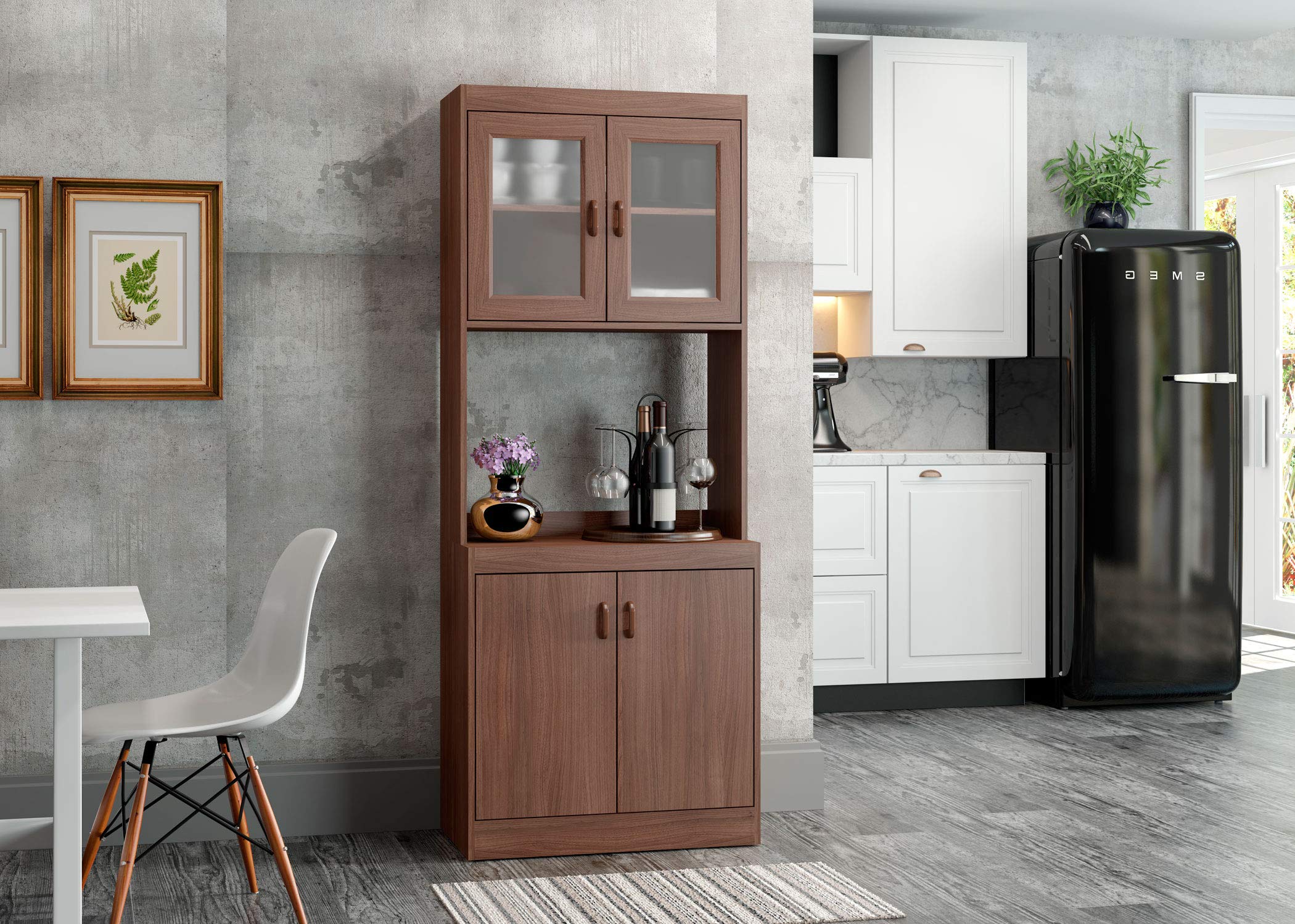 Home Source Microwave Cabinet with Lower Double Door Cabinet and Upper Double Glass Doors with Shelf