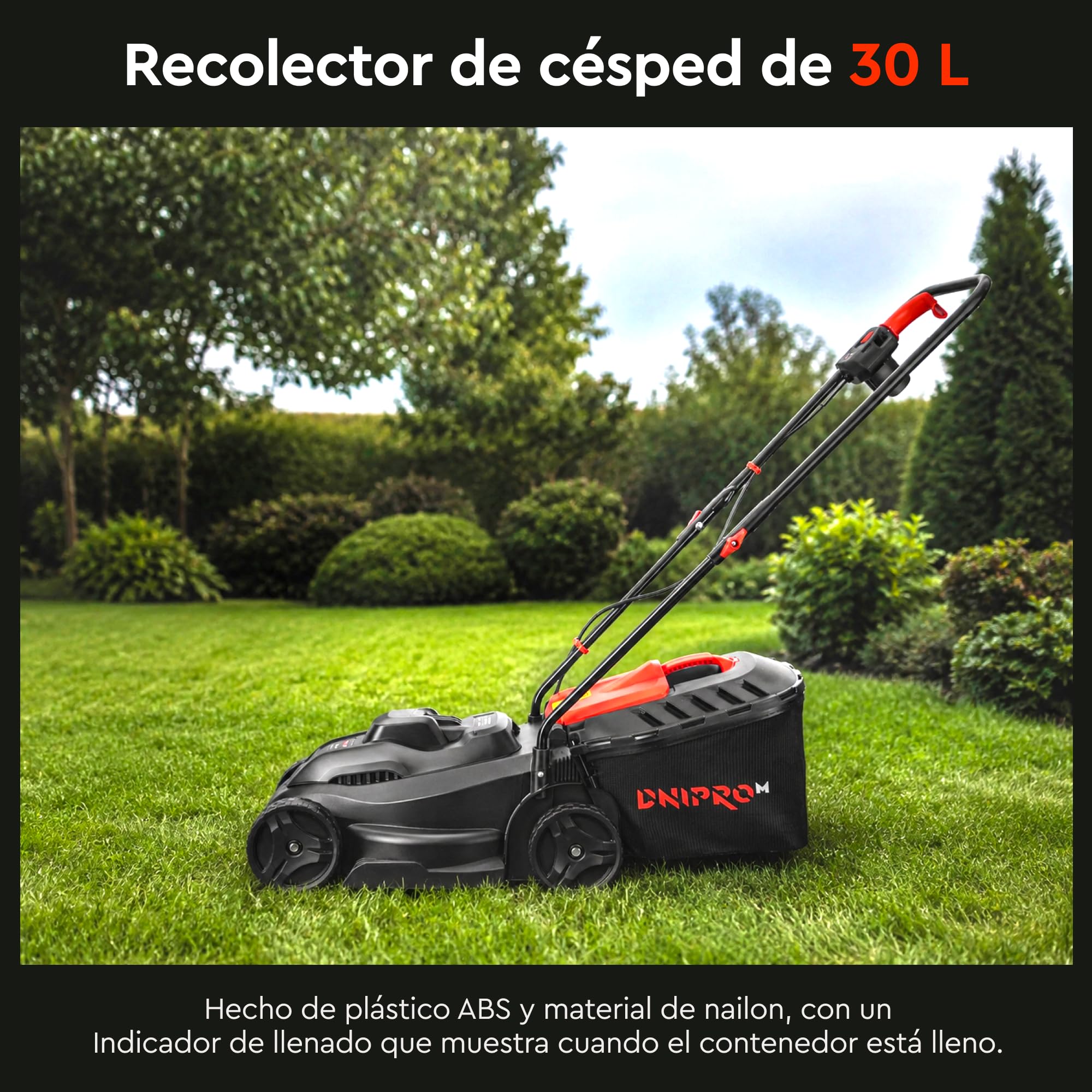 Cortacésped Eléctrico de 1000W, Ancho de Corte 32 cm, 3 Alturas de Corte 25–65 mm, Recogedor 30 L con Indicador, 6,4 kg, IPX4, Manillar Plegable - 32N