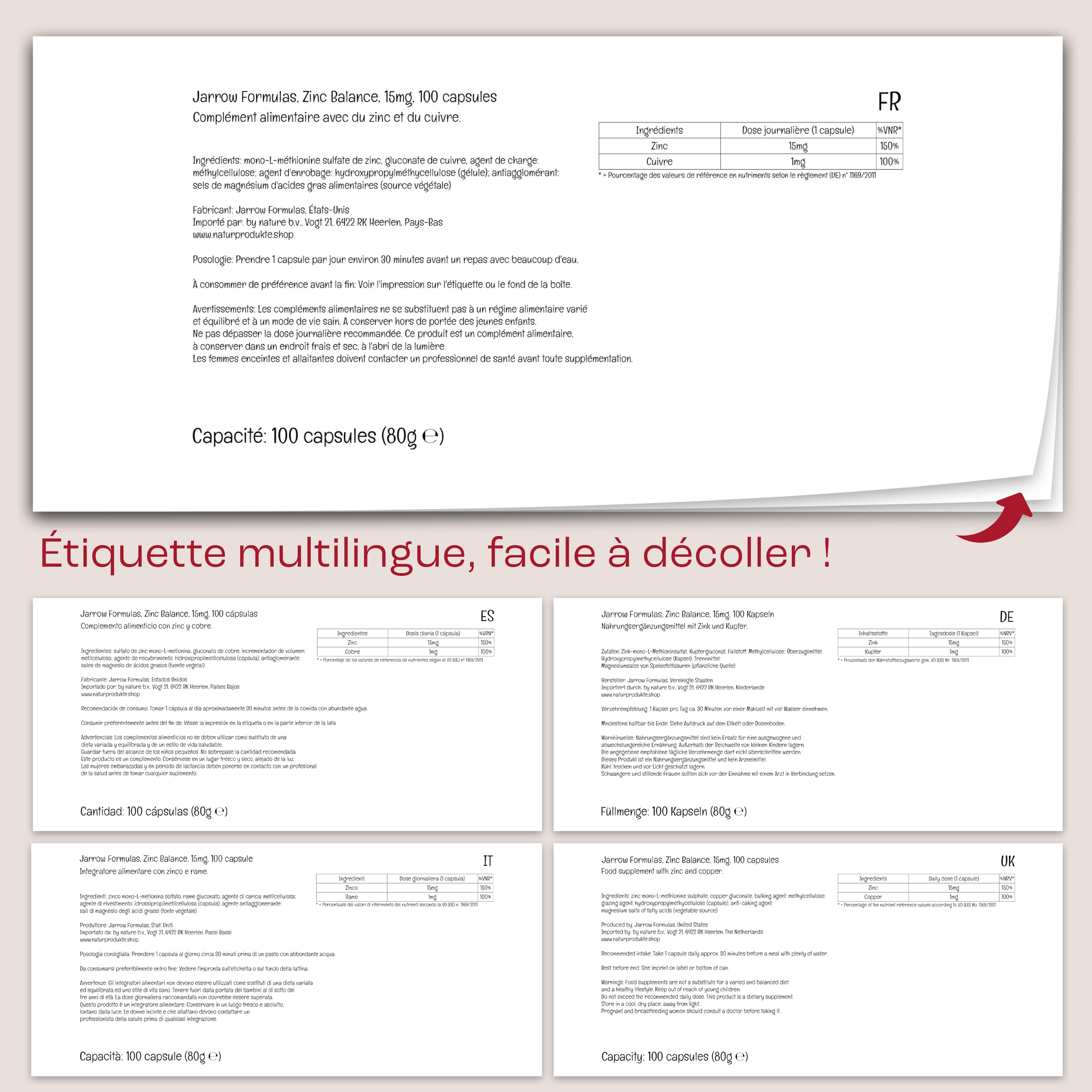 Jarrow Formulas, Zinc Balance, Zinc 15mg et Cuivre 1mg, 100 Capsules végétaliennes, Sans Gluten, Végétarien, Sans Soja, Sans OGM