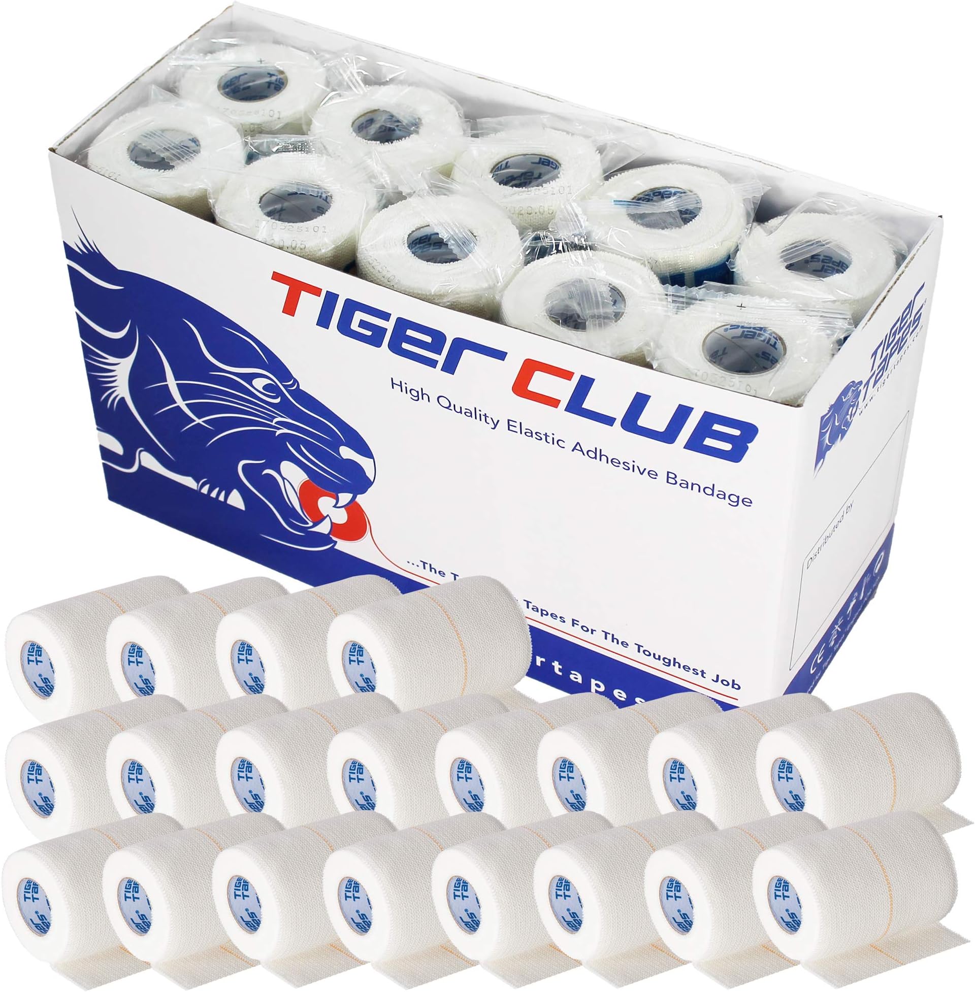 TIGERTAPES - Pack of 20 | 7.5cm x 4.5m (White) - Tiger Club Non Tear Elastic Adhesive Bandage - Sports Tape for Knee, Ankle, Elbow, Wrist Joint Support | Strapping Tape for Medical Use