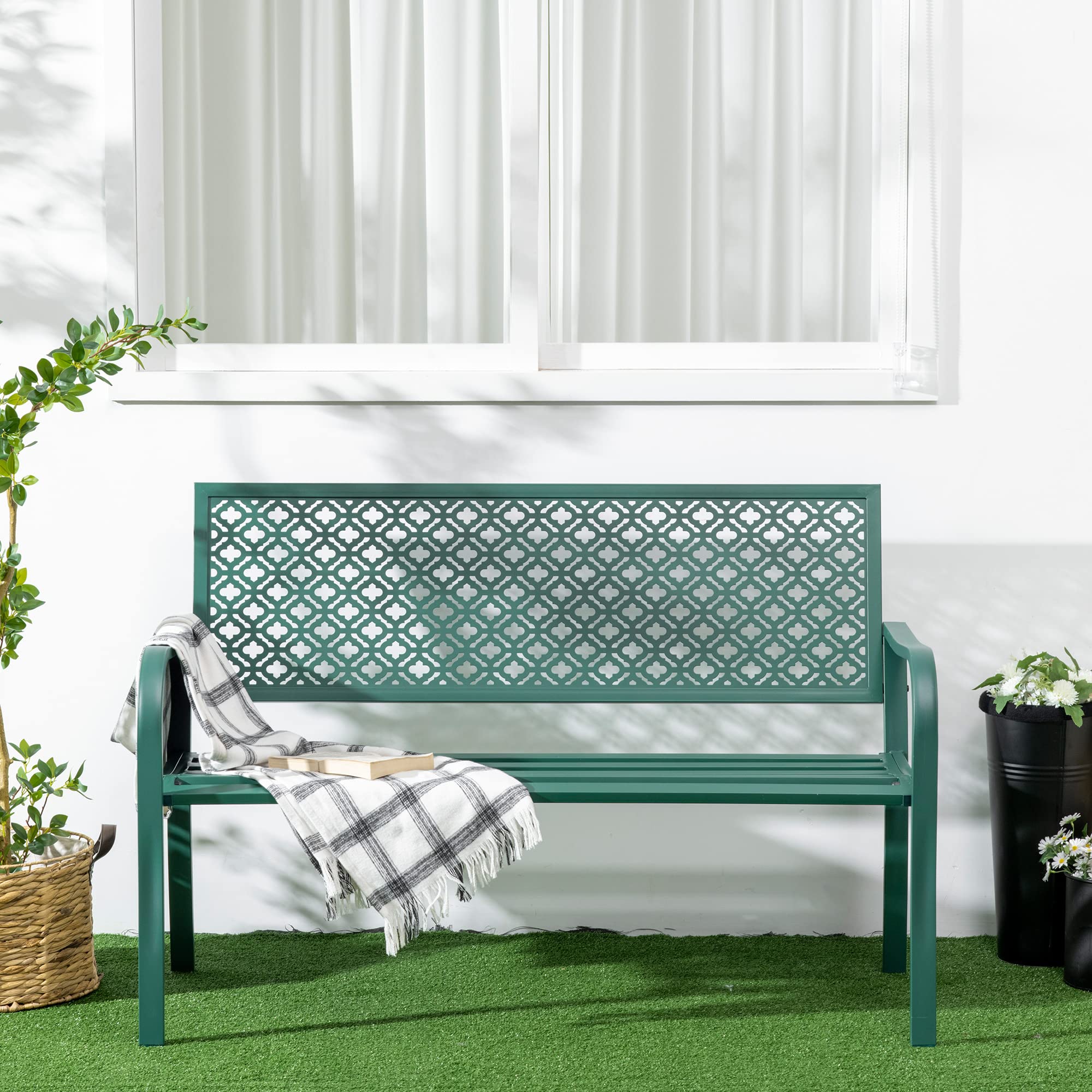 Outsunny Banc de Jardin, Banc extérieur Jardin en Acier, avec Dossier à Motif Floral, accoudoirs, pour 2 Personnes, pour Jardin, Balcon, Charge Max. 240 kg, Vert foncé