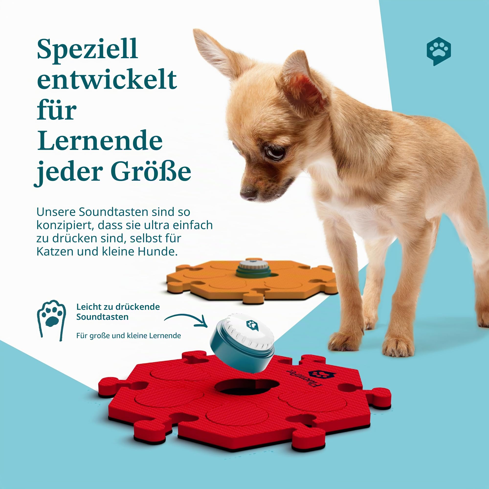 FluentPet Speak Up Starting-Kit mit klarerem nach Oben gerichtetem Klang, 6 beschreibbare Tasten mit vorinstallierten Batterien und 3 HexTile Knopfmatten, Trainingstasten für Hunde und Katzen
