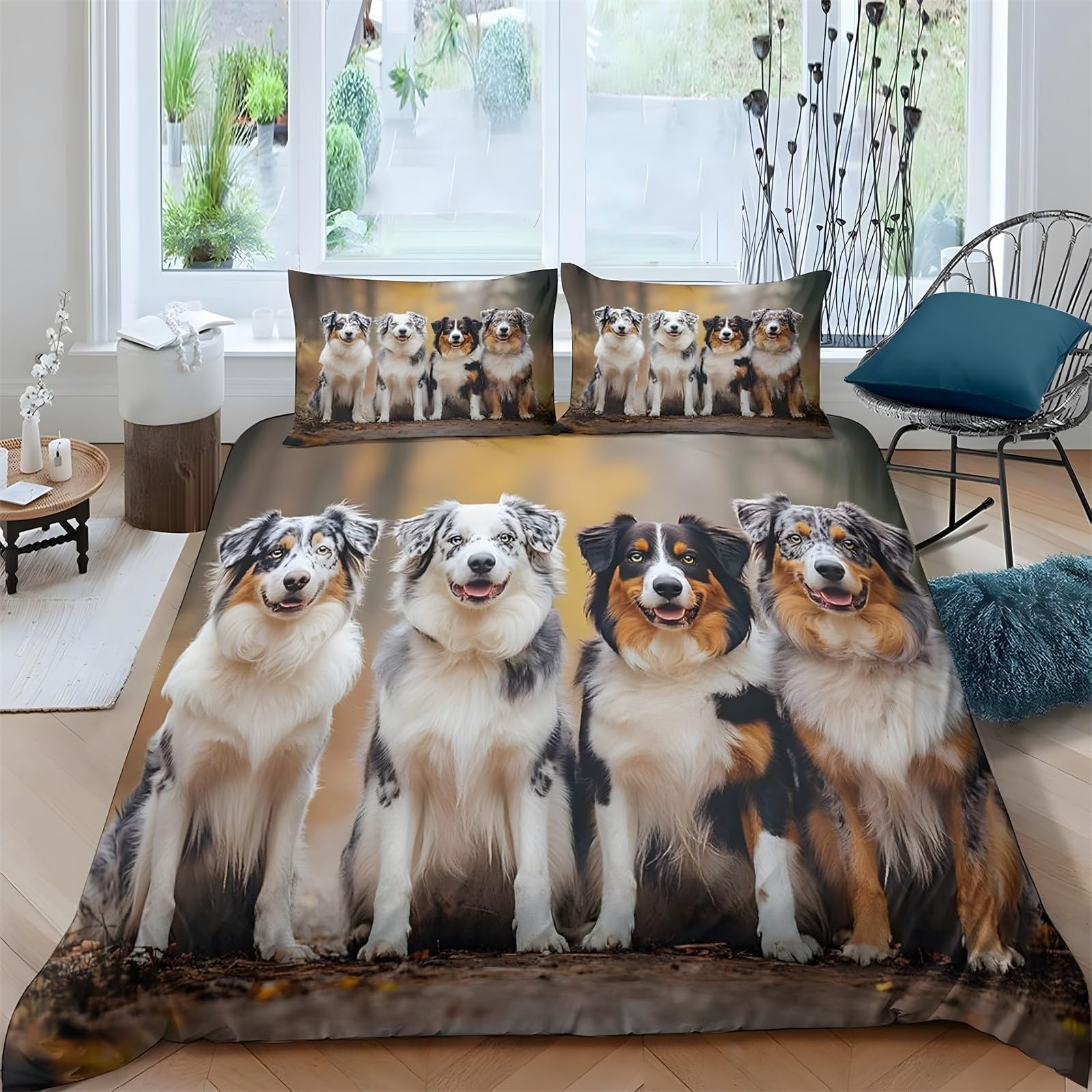 Ypthriline Double Bedding Set Sheepdog Bedding Set Microfiber Pets Duvet Covers with Pillowcases Reversible Bedding With Zipper Closure 200x200CM