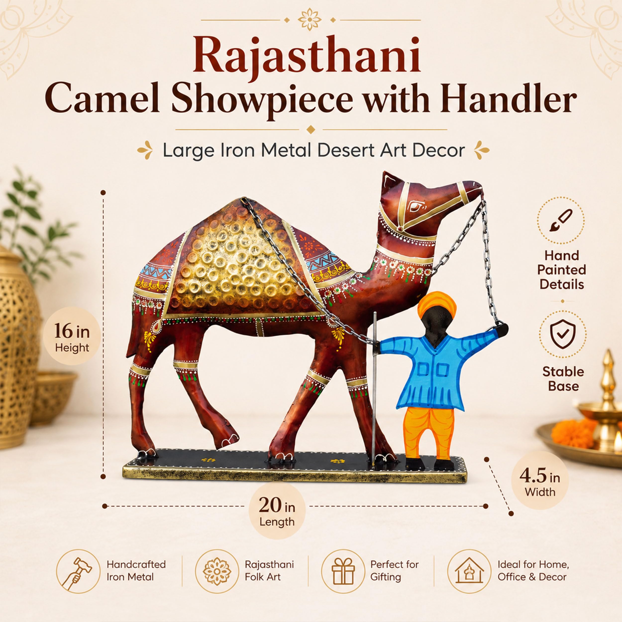 Rajasthani Camel Showpiece with Handler for Home Decor | Large 20 Inch Iron Metal Desert Art Statue for Living Room Office Hotel Restaurant Reception Desk Ethnic Gift — photo — 8 of 8