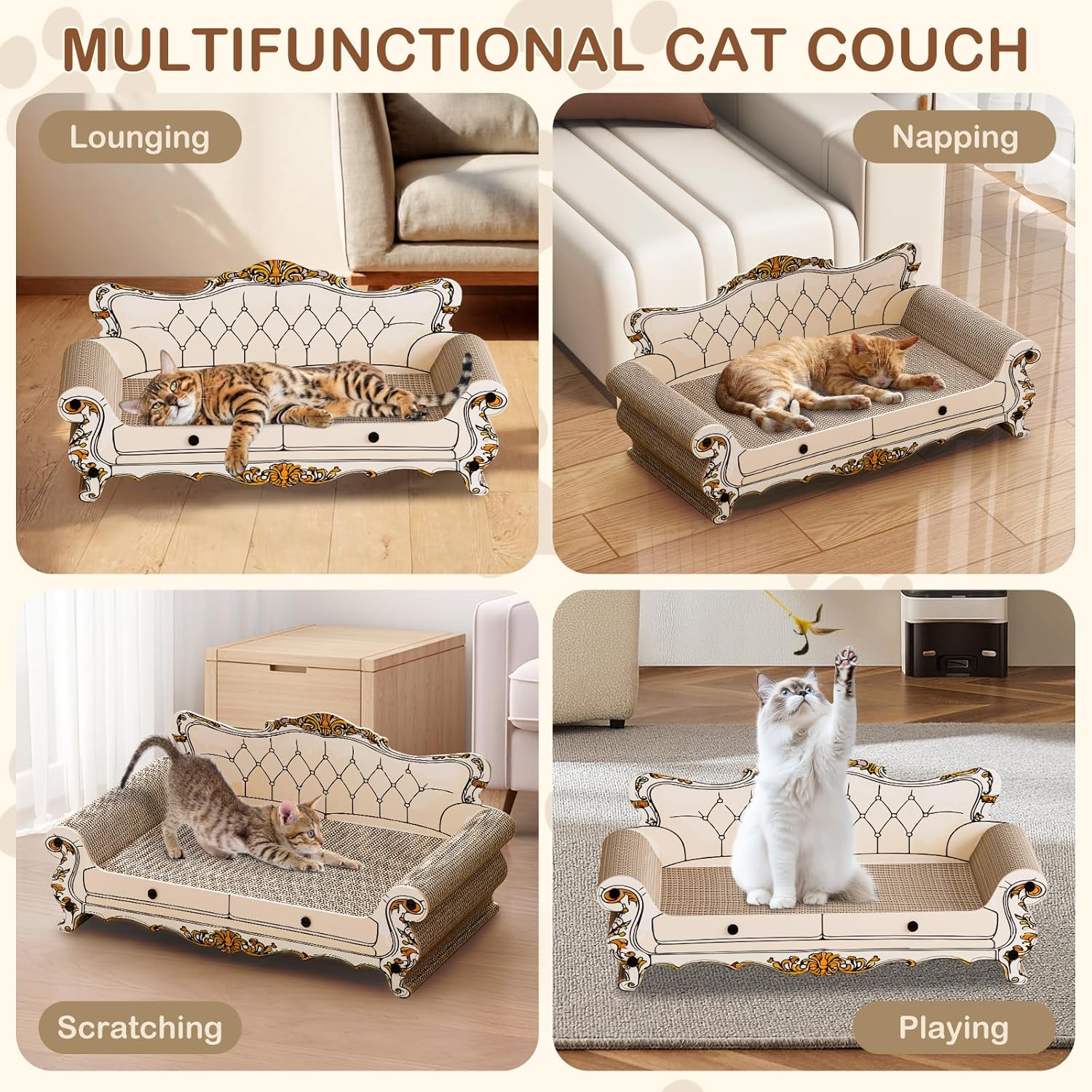 Cat Scratcher Bed,Sofa-Shaped Cat Scratcher Couch, Large Luxury Durable Cardboard Sofa Scratcher Pad Furniture Protector for Indoor Cats Scrach,Rest and Play,23.6 Inches,Beige