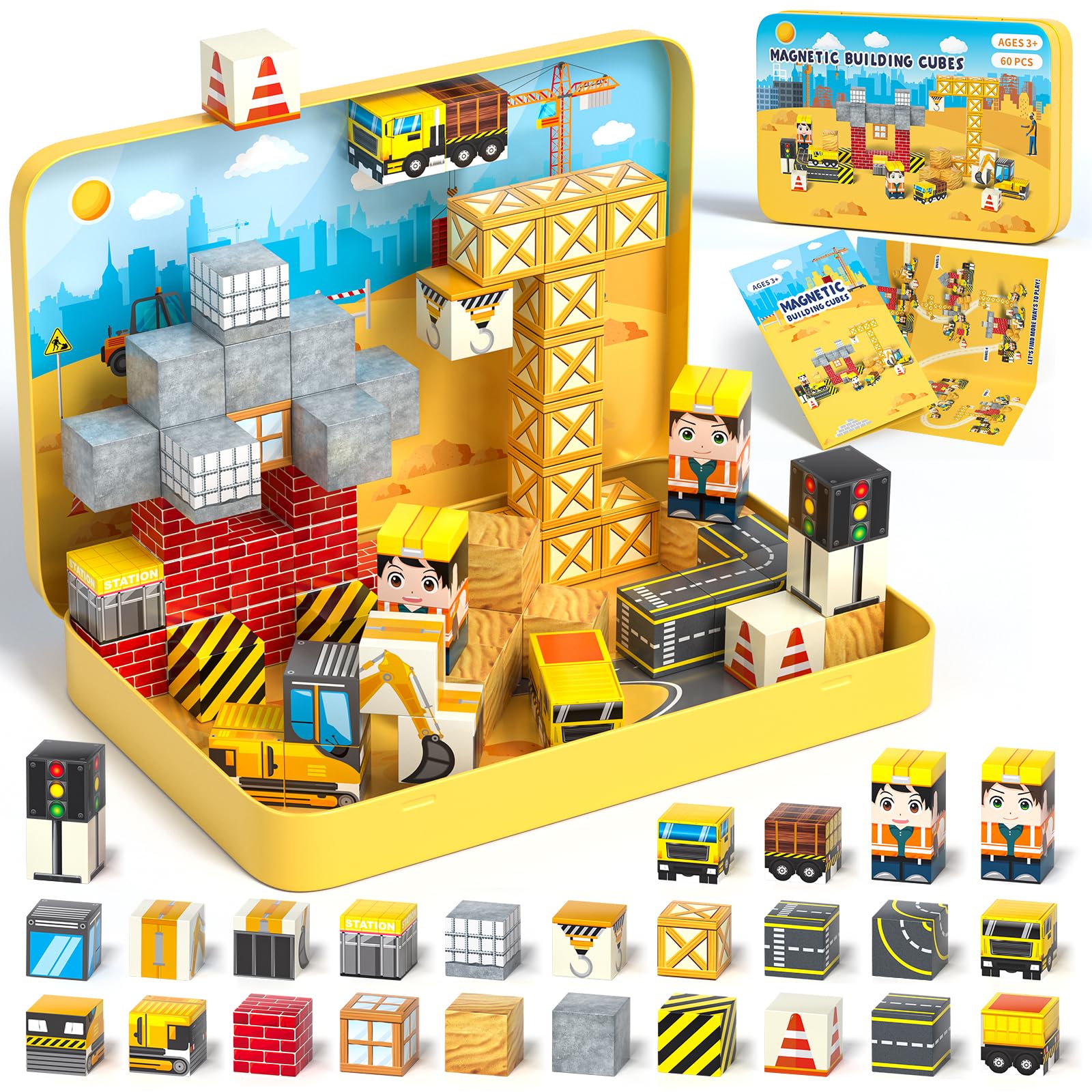 Axirata 60PCS Mini Magnetic Blocks Travel Toy for Kids, Mini Magnetic Tiles Building Cubes with Portable Iron Box, STEM Construction Sensory Toy for Toddler Boys Girls Age 3-5 4-8 8-12+