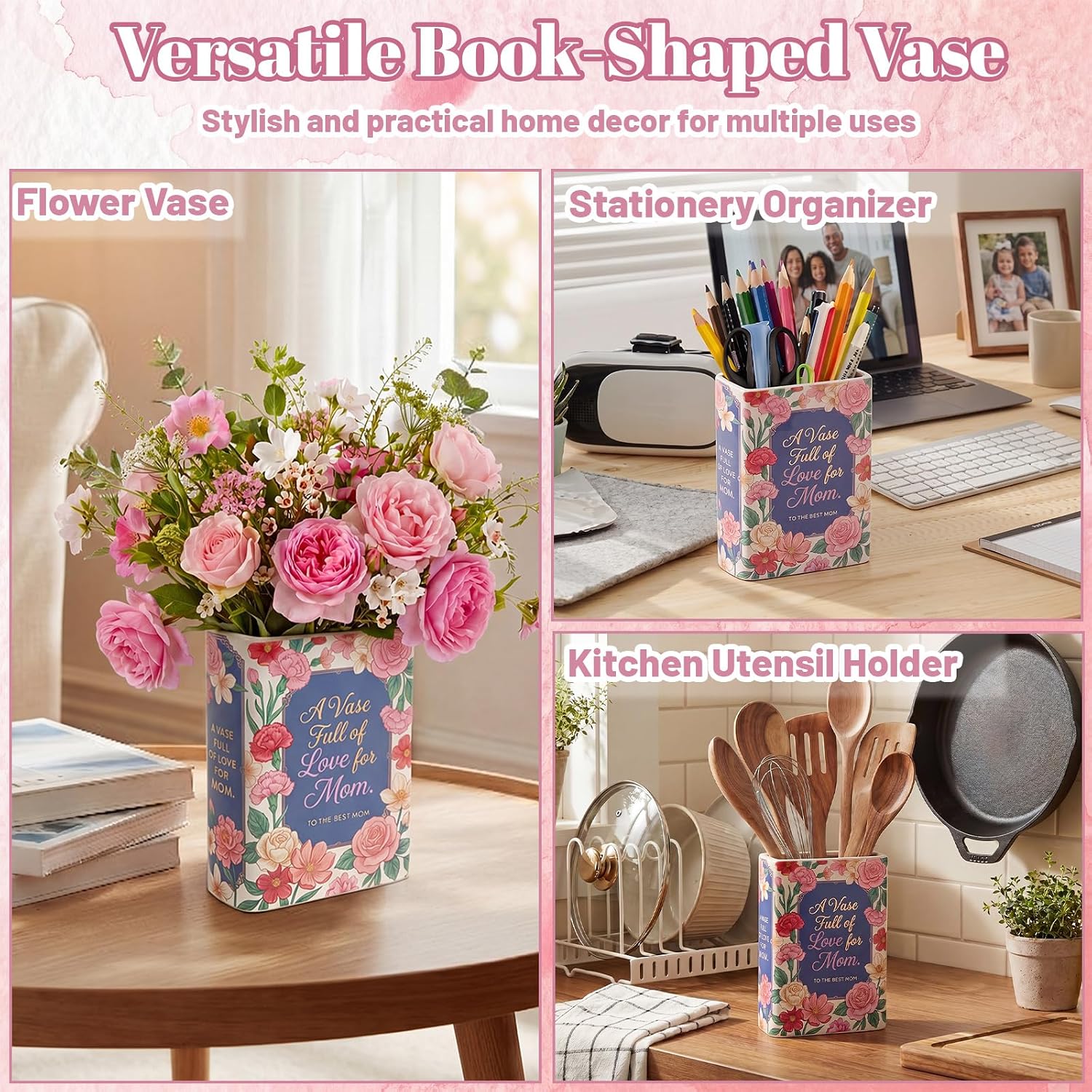 Domensi Ceramic Book Shaped Flower Vase for Women Floral Decorative Bookshelf Accent Unique Flower Holder for Mom Book Lovers Gifts Keepsake Home Bedroom Office Decor