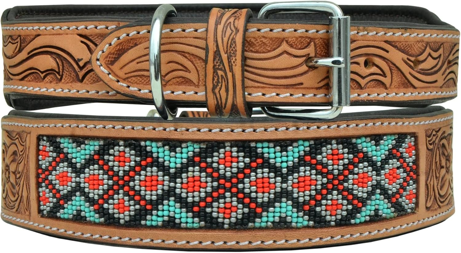 Leather Dog Collar Extra Small Size Western Style Heavy Duty Hand Tooled Adjustable Beaded and Padded Soft for Puppies and Big Dogs 10AB023-XS