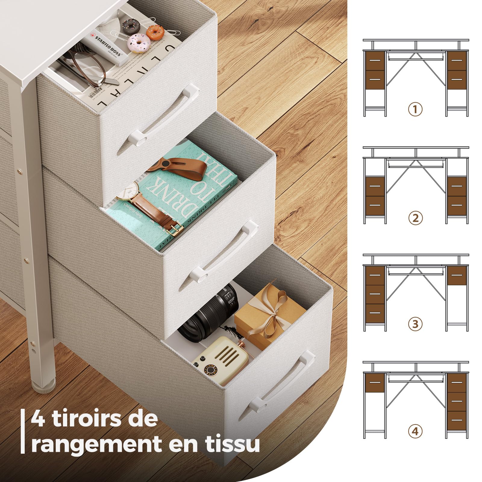 Seventable Bureau Gaming 120 cm avec Intégrée, LED RGB, Bureau avec Rangement et 4 Tiroirs en Tissu, Plateau Clavier Ergonomique et Support Écran, Blanc