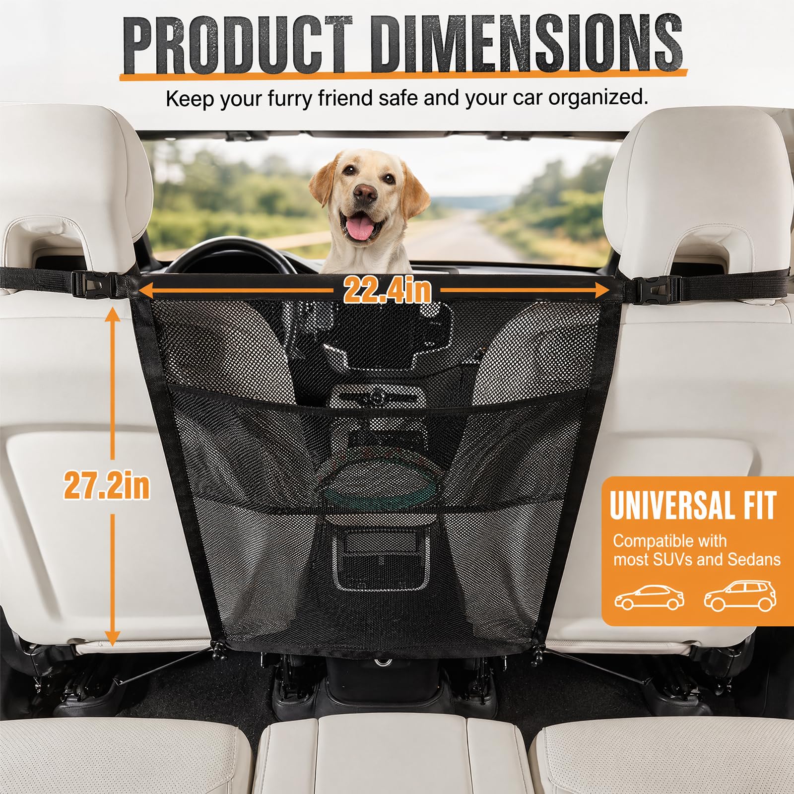 Griglia per cani per auto, 69 cm x 57 cm, regolabile, universale, con tasche portaoggetti, griglia divisoria per bagagliaio e sedile posteriore, barriera di sicurezza contro il cane dal