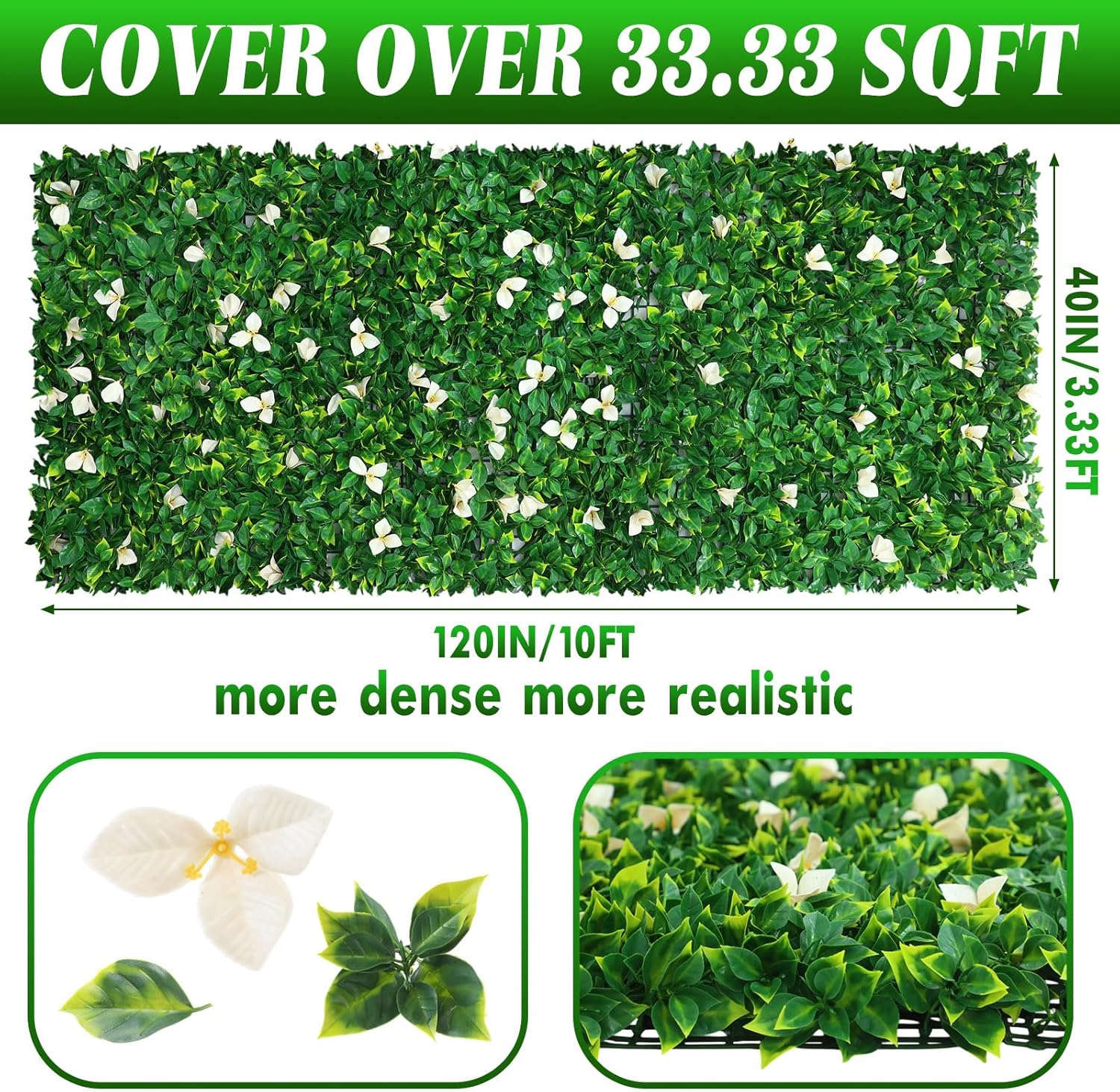 Redbaker Artificial Grass Wall Roll Panels 40x120 in(33.33 Sqft) Greenery Backdrop with Flowers Uv-Anti Faux Leaves Privacy Fence Screen Grass Wall Plant Boxwood Panels Christmas Indoor Outdoor Decor