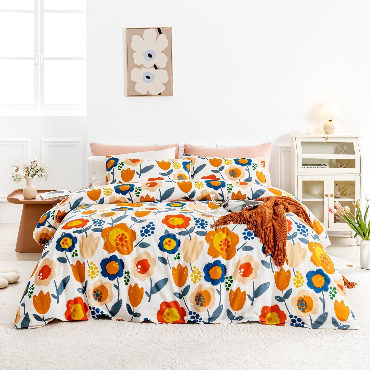 SUSYBAO Cute Botanical Duvet Cover King 100% Cotton 3 Pcs Set 1 Colorful Flower Duvet Cover with Zipper Ties 2 Pillowcases Cartoon Watercolor Blue Orange Floral Bedding Set Soft