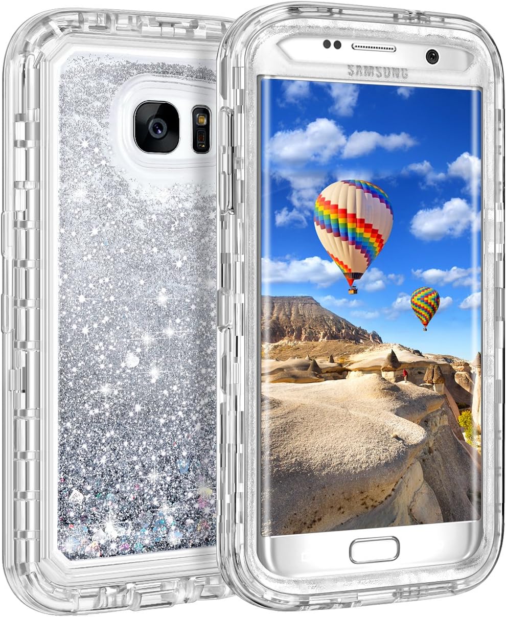 Coolden Heavy Duty Case for Samsung Galaxy S7 Edge Case Glitter Shockproof Case Floating Bling Sparkle Shiny Quicksand Liquid Protective Case Phone Case Cover for Samsung Galaxy S7 Edge (Silver)