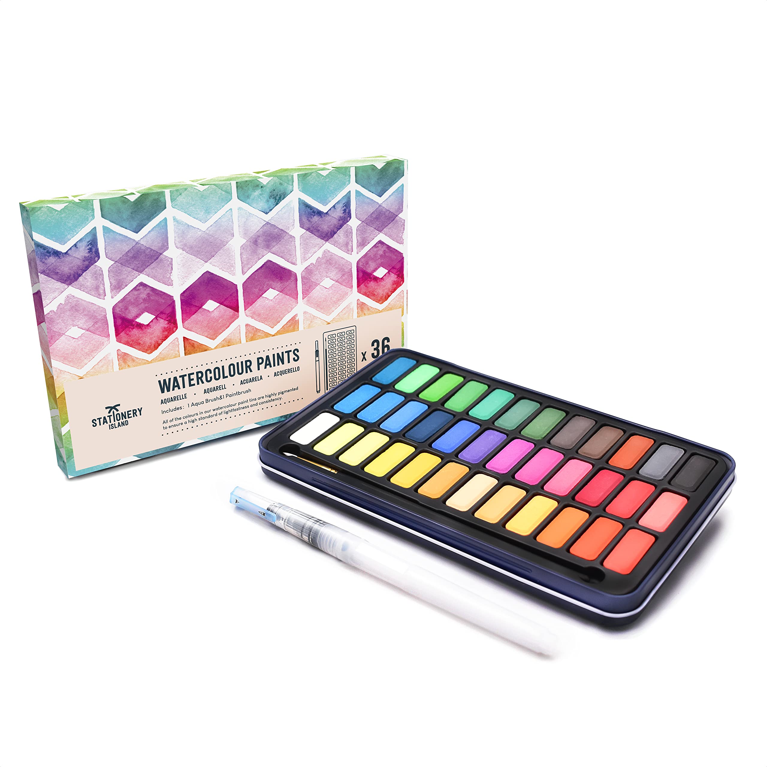 STATIONERY ISLAND 36 Set Acquerelli Professionali + Tavolozza da Pittura con Contenitore di Latta. Acquarelli Professionali Set Portatile & Leggero. 1 Pennello ad Acqua + 1 Pennello Pittura