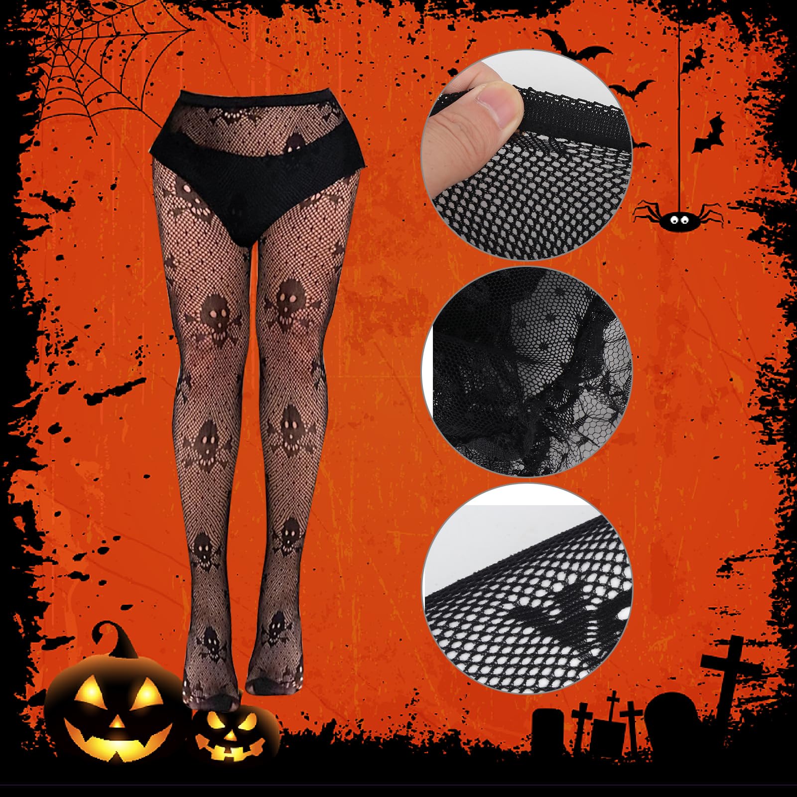 Lifreer Day of The Dead Skeleton Tights, Spider Webs Long Finger Loop Gloves - Image 3
