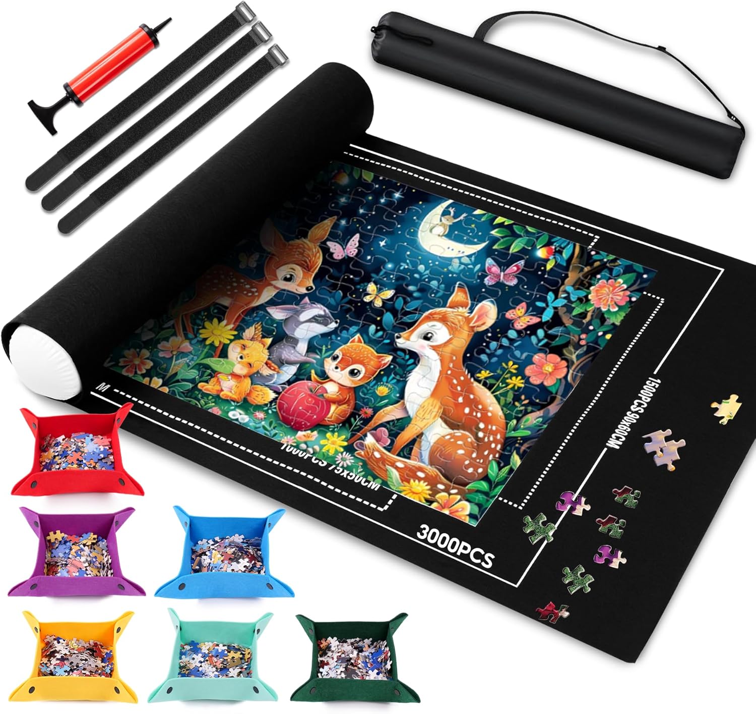 Jigsaw Puzzle Mat Roll Up 3000 2000 1500 Pieces Portable Puzzle Board/Table Saver Mats, Smooth Top & Non-Slip Felt Bottom with 6 Sorting Trays, Storage Bag, Inflatable Roller for Adults Kids Gift