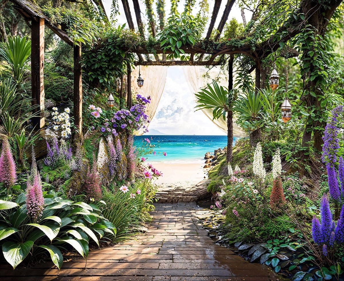 Caribbean Sea View Garden Mural, Tapestry & Curtain Waterproof Outdoor Wall Hanging, Tropical Pergola Garden Wall Art & Coastal Fence Decor W70.87 inches x H70.87 inches