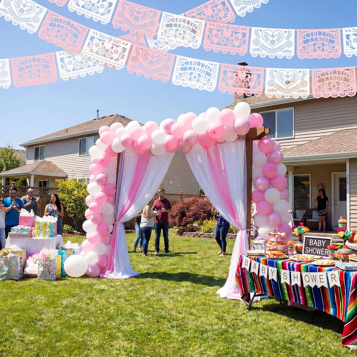 TaoBary 6 Pack Pink and White Papel Picado Baby Shower Party Decorations 118 Feet Cielito Lindo Baby Shower Party Banners Cinco De Mayo Papel Picado Fiesta Banner for Mexican Wedding Birthday