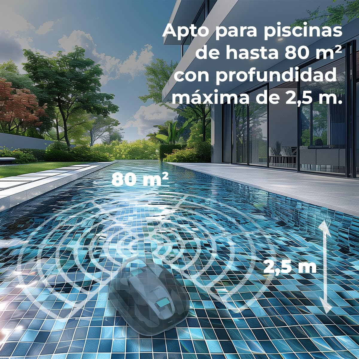 Cecotec Robot Limpiafondos sin Cable para Piscinas sin Pendientes Conga Pooldroid 2000 FloorMaster M. Superficies 80m2, Profundidad Máxima 2,5m, Autonomía 100mins, Filtro Alta Eficiencia 100μm, 2,5L