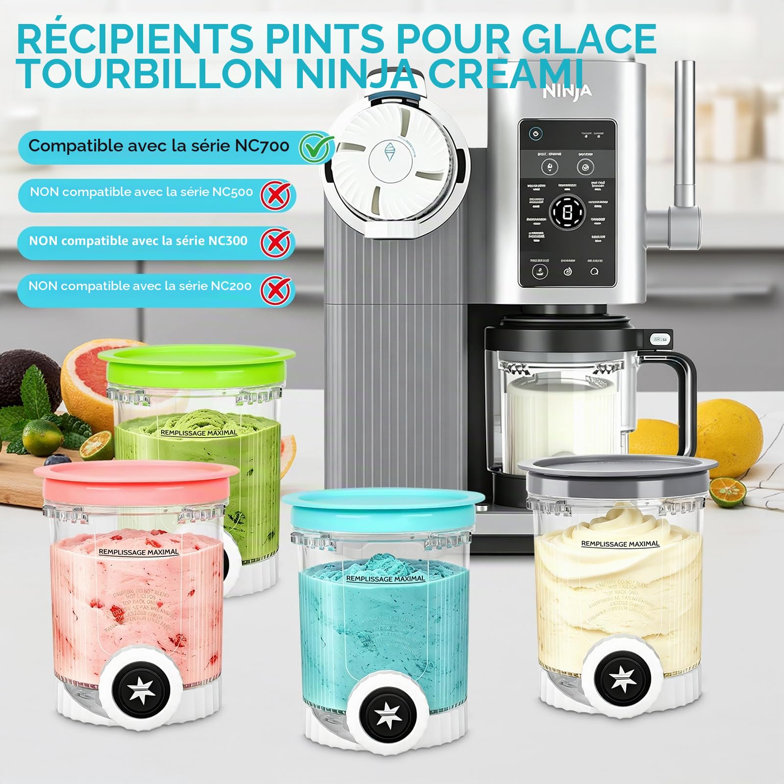 Pot pour Ninja Swirl by Creami,avec Couvercles Étanches,4 Pièces 480ml pot ninja creamy swirl,po-t ninj-a creamy deluxe,pour Ninj-a Creami NC701EU NC700,Bacs à Crème Glacée,Sans BPA, Lave-Vaisselle