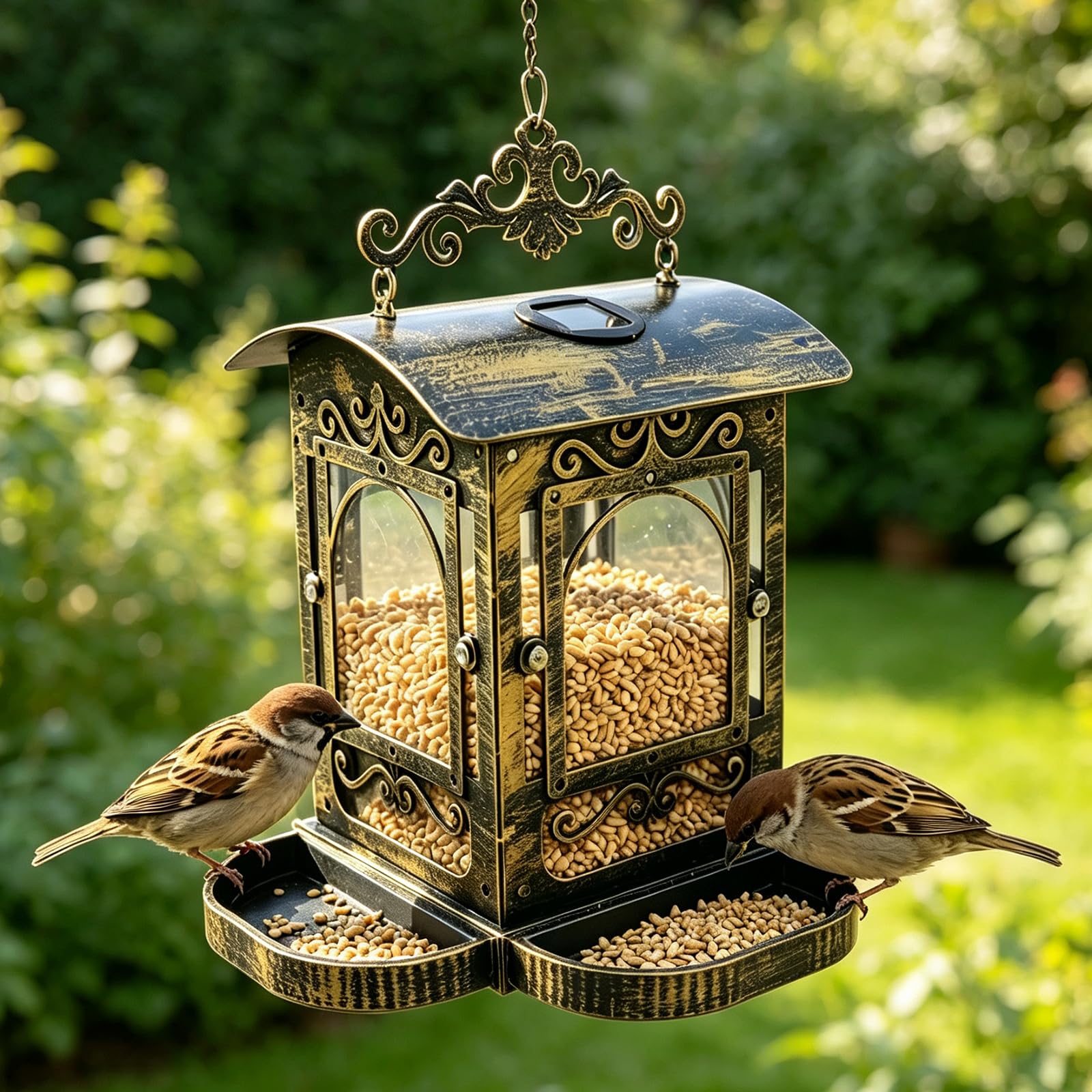 Solar Vogelfutterspender Hängende Laterne für den Außenbereich mit Klarglasfenster, große Kapazität, dekorativer Futterspender für Gärten und Hinterhöfe