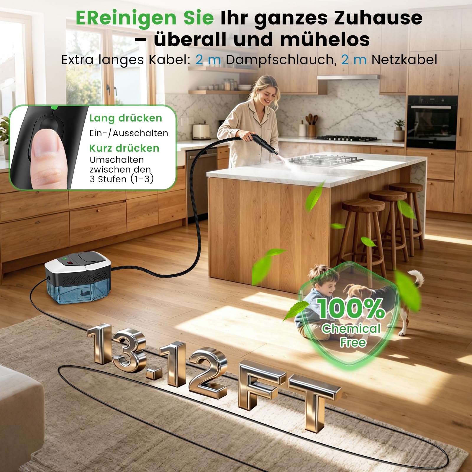 Granarbol 1800ml -2500W Dampfreiniger, 8s Heizung 275°F/145°C Entfernt Fett