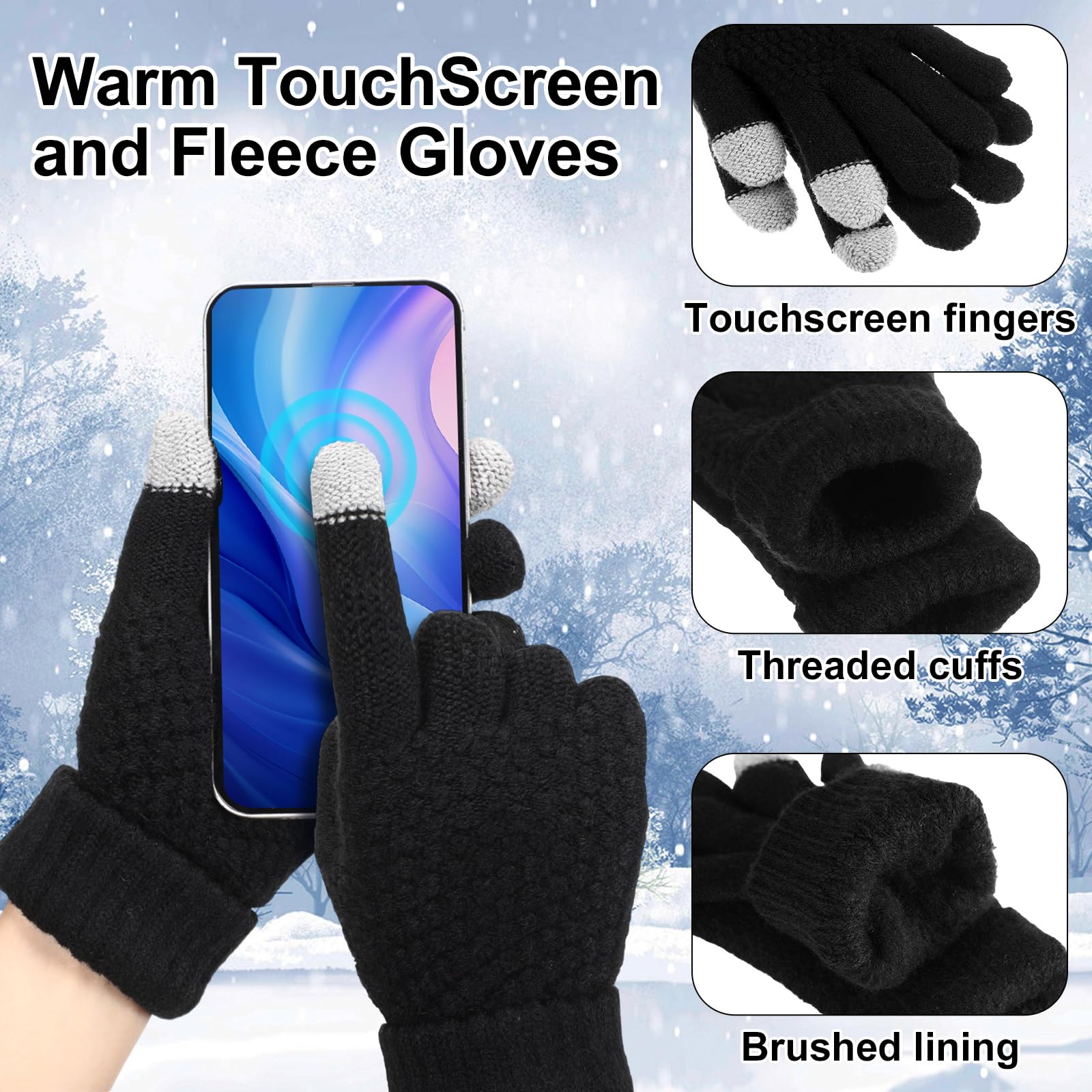 5 Pcs Winter Hat Scarf Gloves Set Fleece Warm Lined Knit Beanie Hat Hat Scarf Gloves Set, Hat Scarf Combo, Hat Scarf Mittens-hat  main image 3