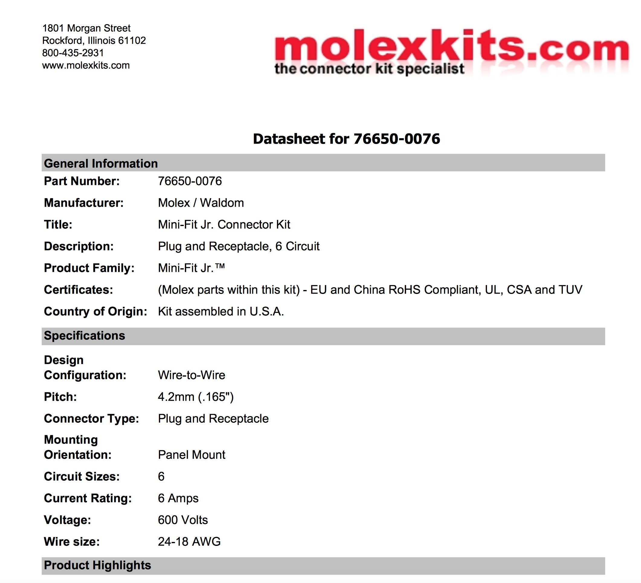 Molex -2 Complete Set - (6 Circuit) w/18-24 AWG, Wire Connector - Mini-Fit Jr ™