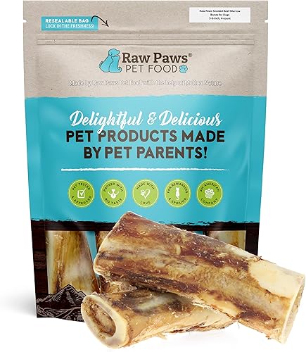 Raw Paws Huesos de médula de carne ahumada para perros, 6 pulgadas (4 unidades) empacados en Estados Unidos, huesos de carne de res, golosinas de