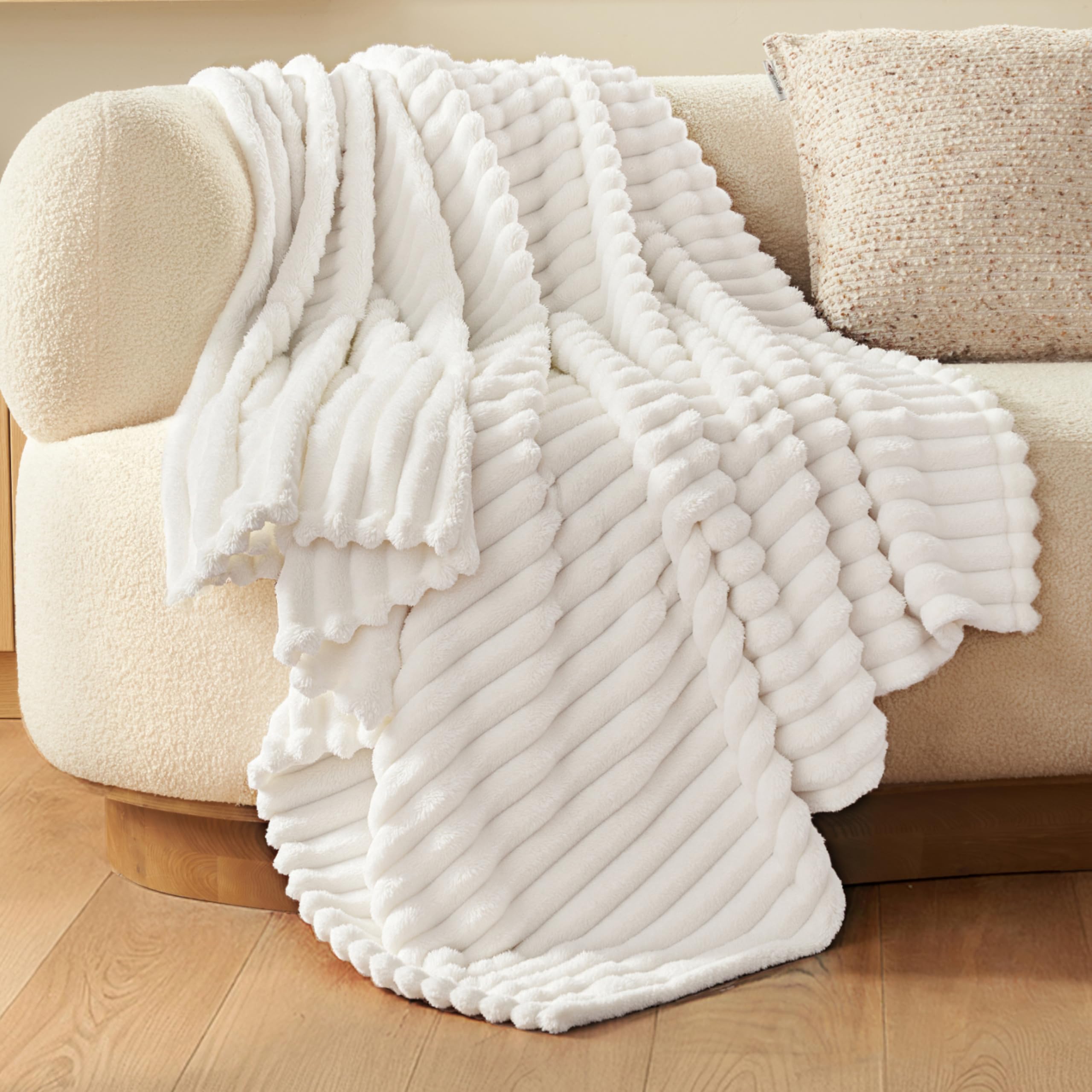 JoiedomiWhite Throw Blanket for Couch, Soft White Fleece Blankets Birthday Gifts for Women Mom Girls, 3D Ribbed Jacquard Cozy Cute Soft Throw Aesthetic Gifts 50x70 InchesOEKO-TEX STANDARD 100
