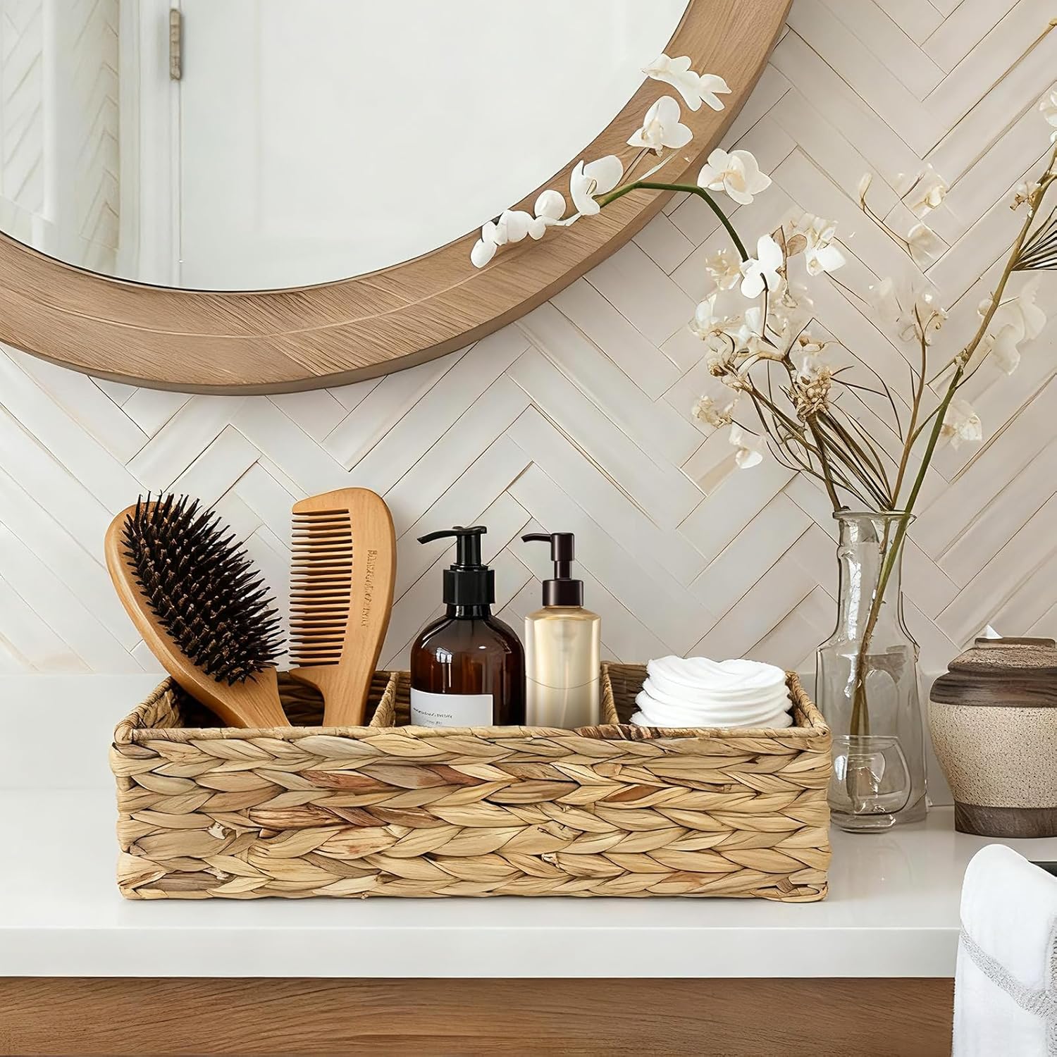 Water Hyacinth Wicker Basket for Toilet Tank, 3-Section Bathroom Countertop Organizer for Toilet Paper and Essentials (2)