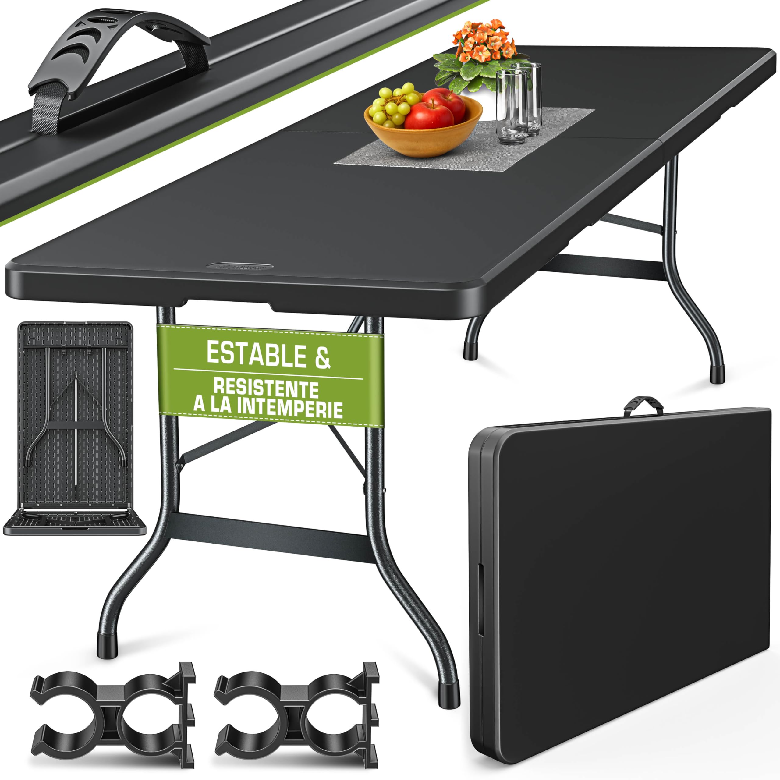 tillvex Mesa de jardín plegable de plástico de 180 x 75 cm, mesa de buffet con asa, mesa plegable para jardín, terraza y balcón, mesa de camping para 8 personas