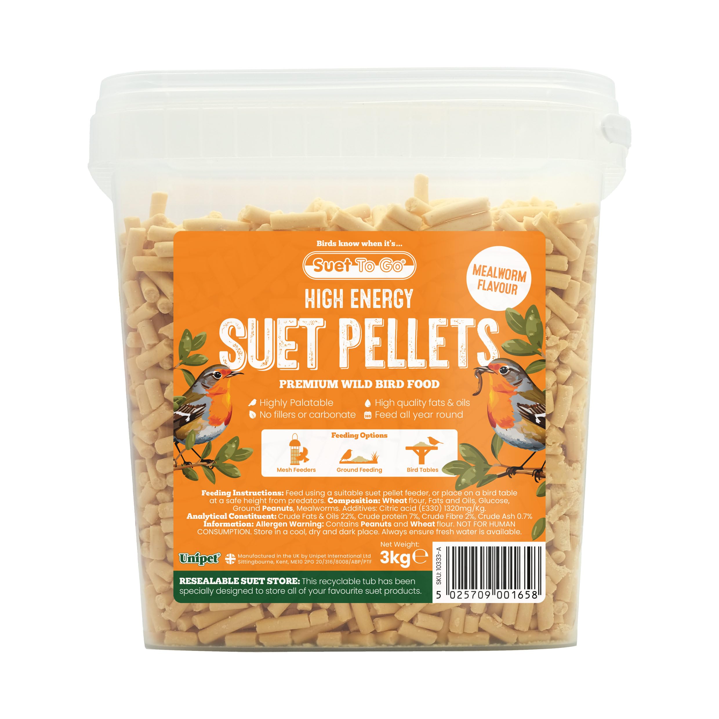 Suet To Go Mealworm Suet Pellets Tub 3kg - High Energy Wild Bird Food, Protein & Fat, Attracts Robins & Tits