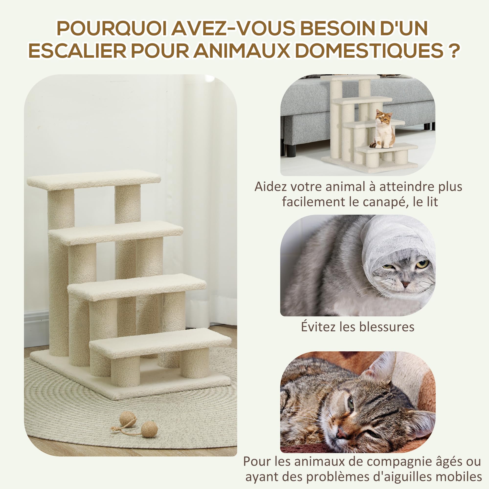 PawHut Escalier pour Animaux de Compagnie 4 marches Revêtement Effet Laine bouclée pour Lit Haut et Canapé 61 x 41 x 60 cm Crème