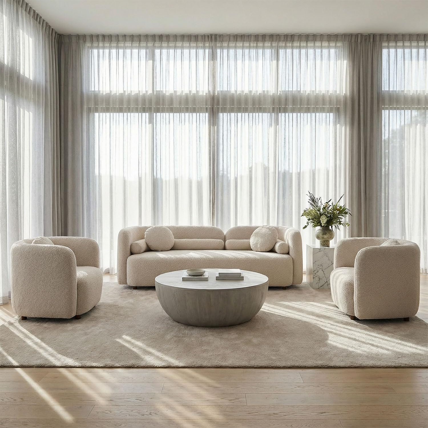 3-Piece Curved Sofa Set, Beige Boucle Sofa &amp; Oversized Chair