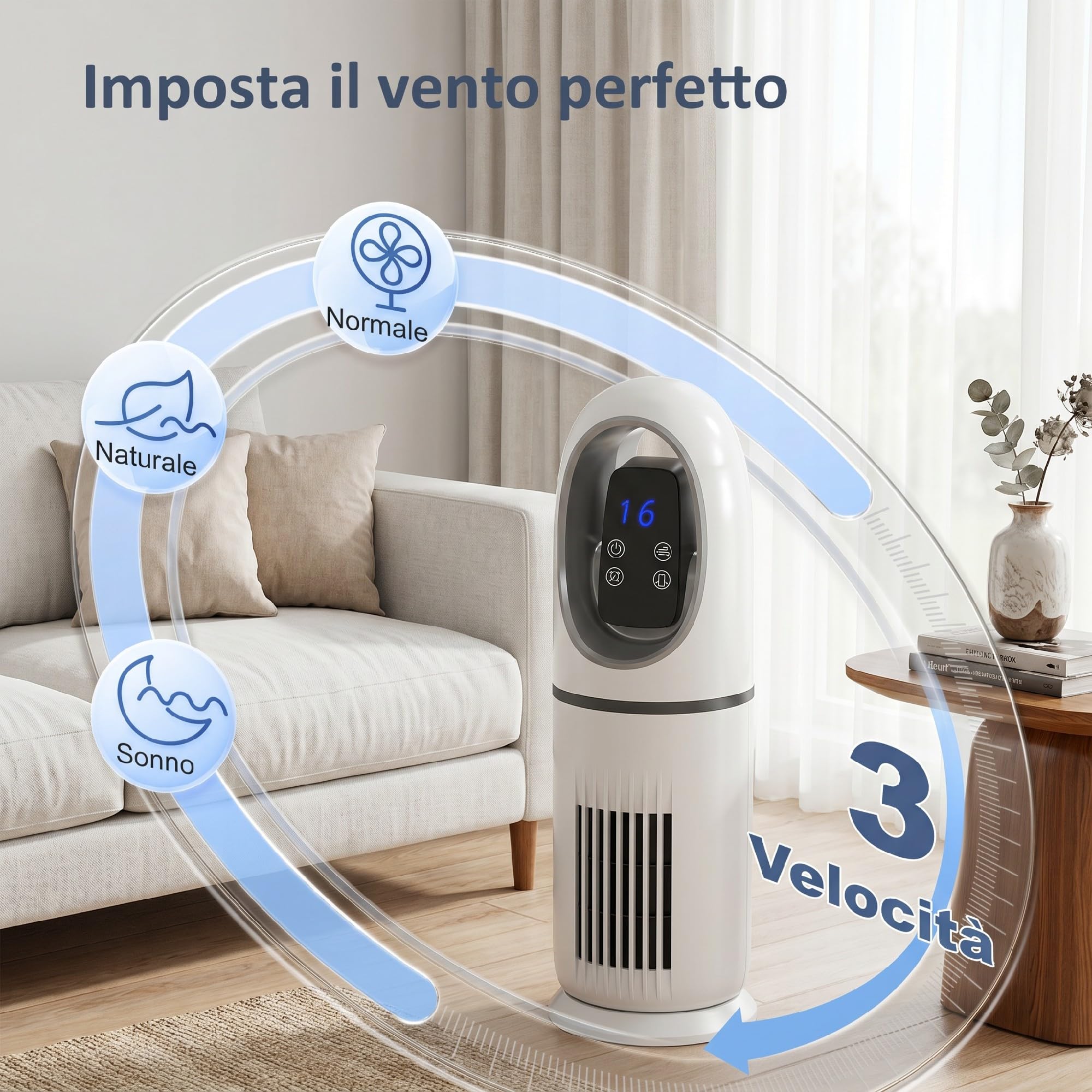 HOMCOM Ventilatore a Torre per Camera da Letto con 4 Modalità, 3 Velocità, Ventilatore da Pavimento Oscillante a 70°, Display LED, Timer 24 Ore e Telecomando, 110 cm, Bianco