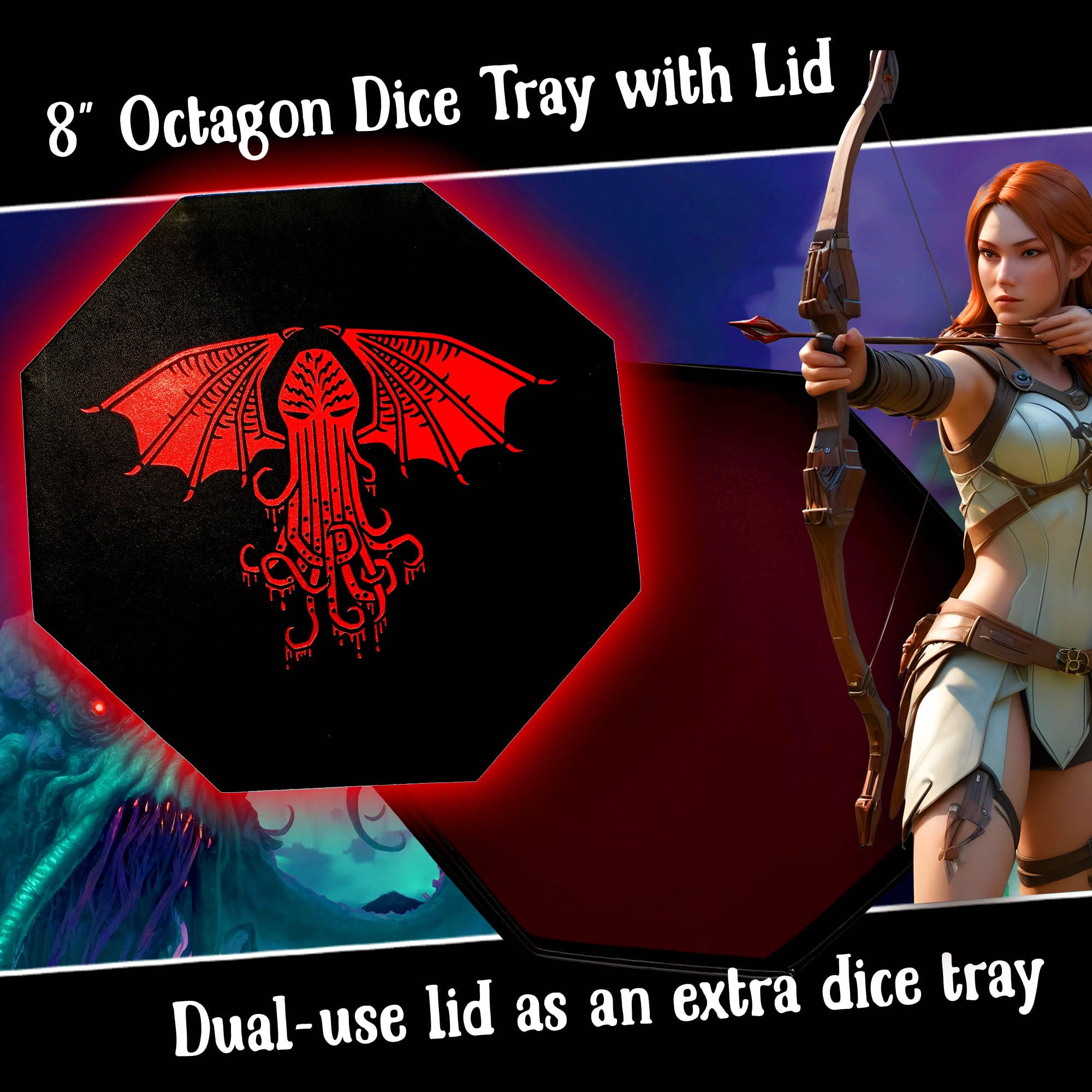 Fantasydice-Cthulhu Tome-RED- Dice Storage and Rolling Tray - 20CM Octagon with Lid and Dice Staging Area- Holds 5 Sets(7 Dice Set/Standard) for All Tabletop RPGs