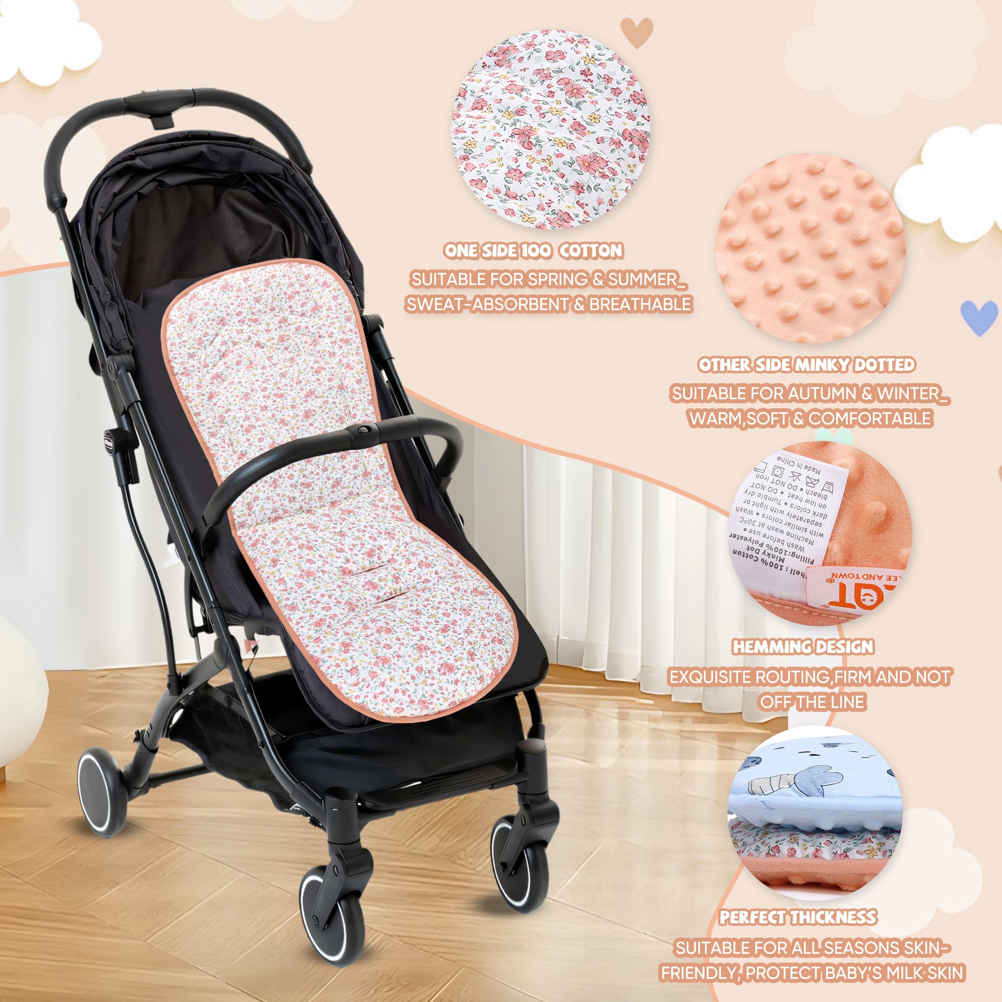 Copriseduta Passeggino Universale, Materassino per Passeggino Universale, Design Reversibile, Morbido e Traspirante Coprisedile per Passeggini, Seggiolini Auto, Culle e Seggioloni (Stampa Floreale)