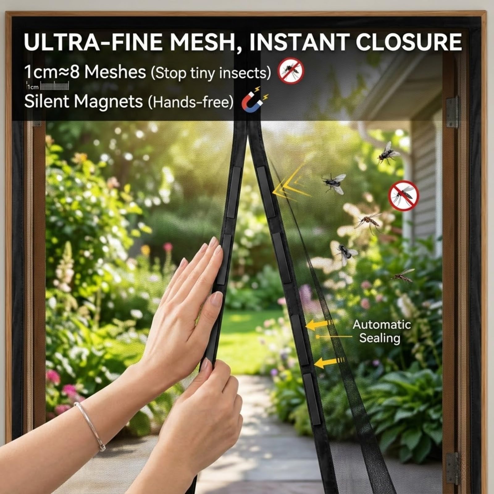 Hochwertiger Magnetvorhang für Garagentore, 3 Eingänge Insektenschutzgitter Balkontür ohne Bohren, Reißfestes Glasfaser-Mückengitter für Terrassentür Garage 244x213cm(Black,305 x 305 cm(10 x 10 ft))