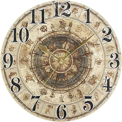 Miniatura 5 de Reloj de pared antiguo con signos del zodiaco silencioso, sin tictac, creativo, decorativo, reloj redondo, fácil de leer, funciona con pilas, para