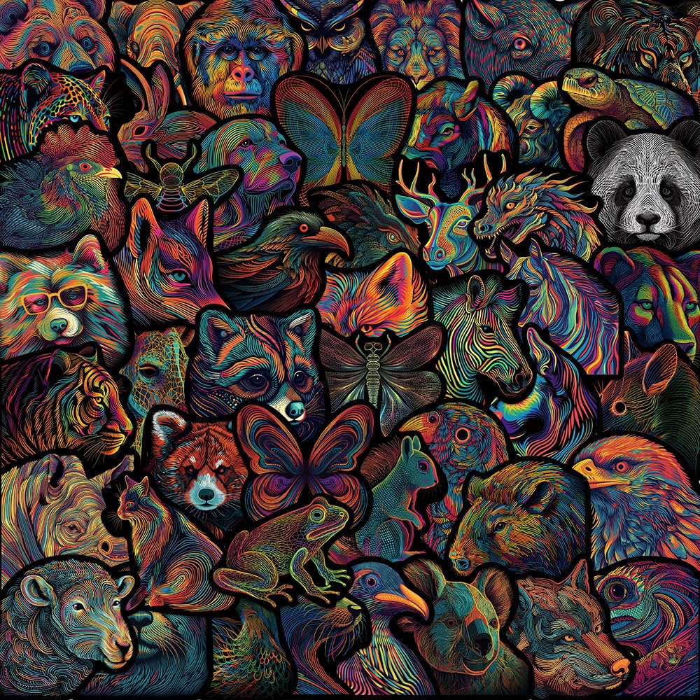 50pcs Colorful Line Art Animal Stickers Pack - Wildlife Illustration Vinyl Decals, Neon Contour Style Animal Art for Journals, Scrapbook, Laptop,