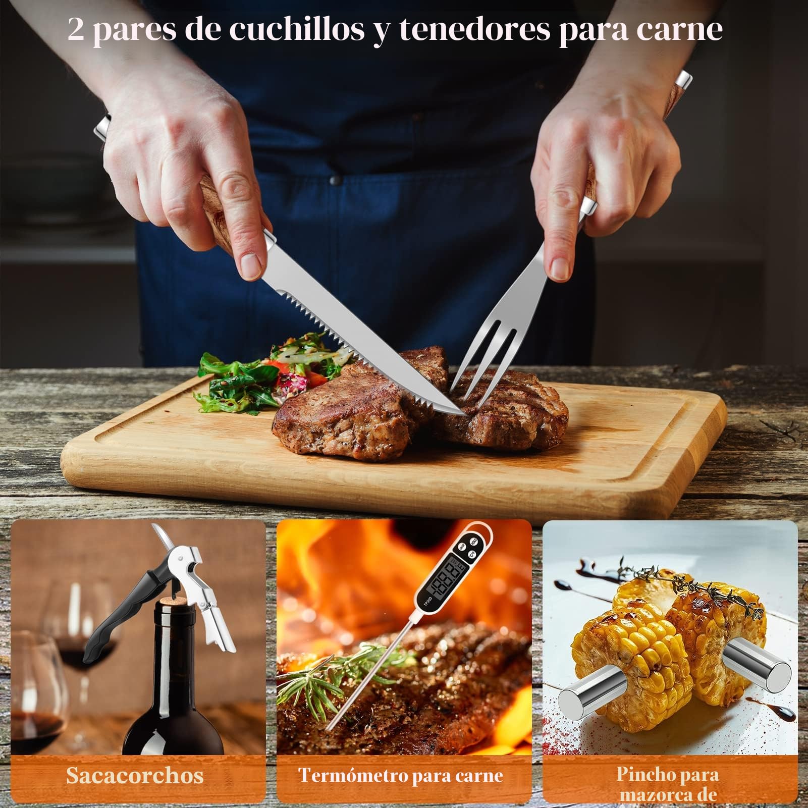 Grilliance Kit de Accesorios para Barbacoa de Acero Inoxidable de 26 Piezas, Juego de Herramientas para Parrilla Resistente con Estuche de Aluminio, Utensilios para Barbacoa para Hombres, marrón