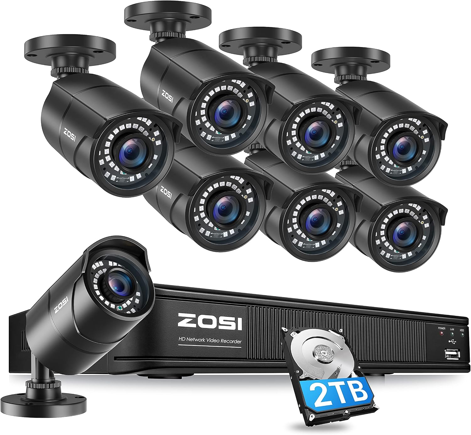 ZOSI 1080p PoE Home Security Camera System Outdoor Indoor,8CH 5MP H.265+ PoE NVR Recorder with 2TB Hard Drive and (8) 1080p Surveillance Bullet PoE Network Cameras with 120ft Long Night Vision