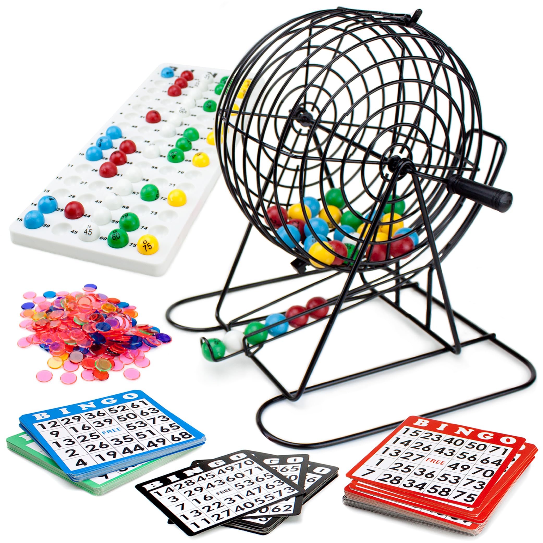 Royal Bingo Supplies Jumbo 12" Tall Bingo Game Set for Adults, Seniors, Family & Kids - 100 Cards 500 Chips 75 Balls, XL Roller Cage & Board