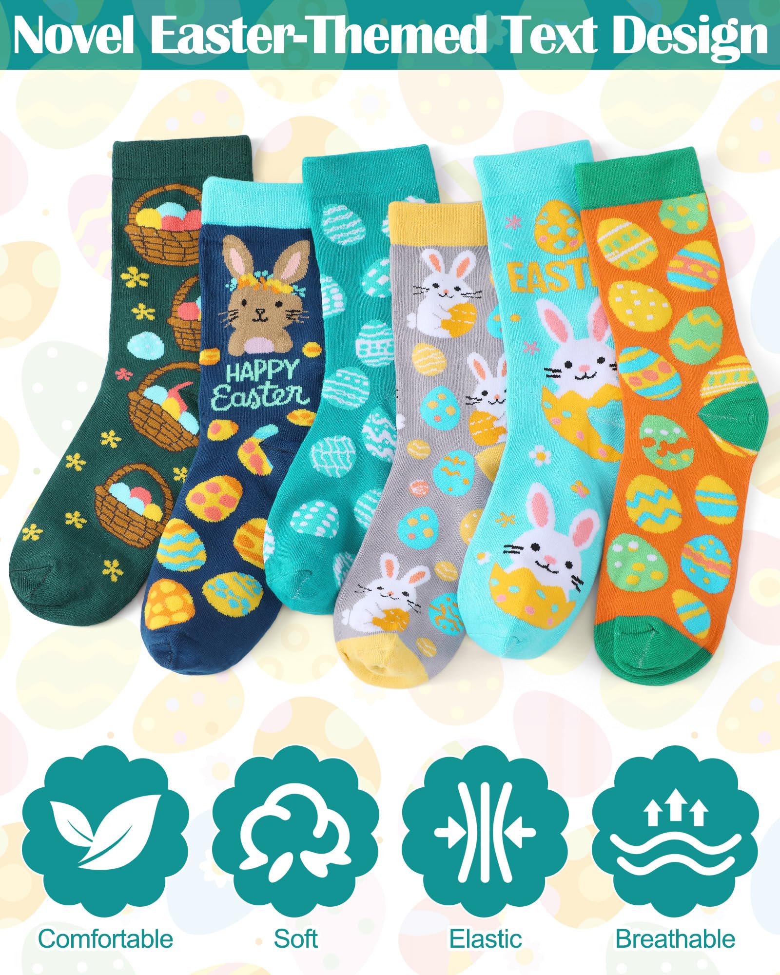 Eurzom 6 Pairs Funny Men's Easter Socks Bunny Eggs Pattern Crew Socks Spring Easter Basket Stuffers Gifts Size 7-12