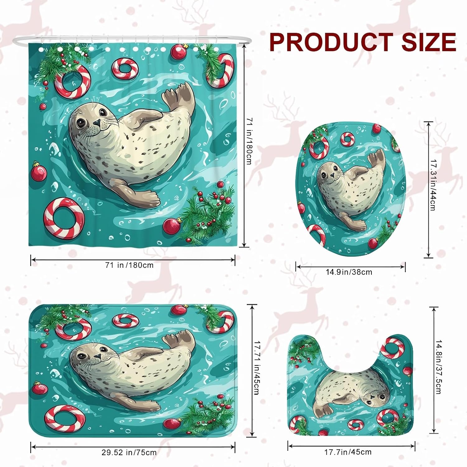 4PCS Kid Christmas Seal Bathroom Accessory Sets with Non-Slip Rug, U Shape and Toilet Lid Cover Mat, Fun Cartoon Ocean Sea Xmas Bathroom Decorative-72''x72''