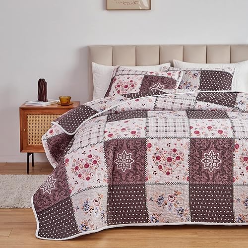 Miniatura 3 de Juego de edredón de retazos tamaño King, juego de colcha de verano de 3 piezas a cuadros florales marrones, funda de cama reversible ligera de